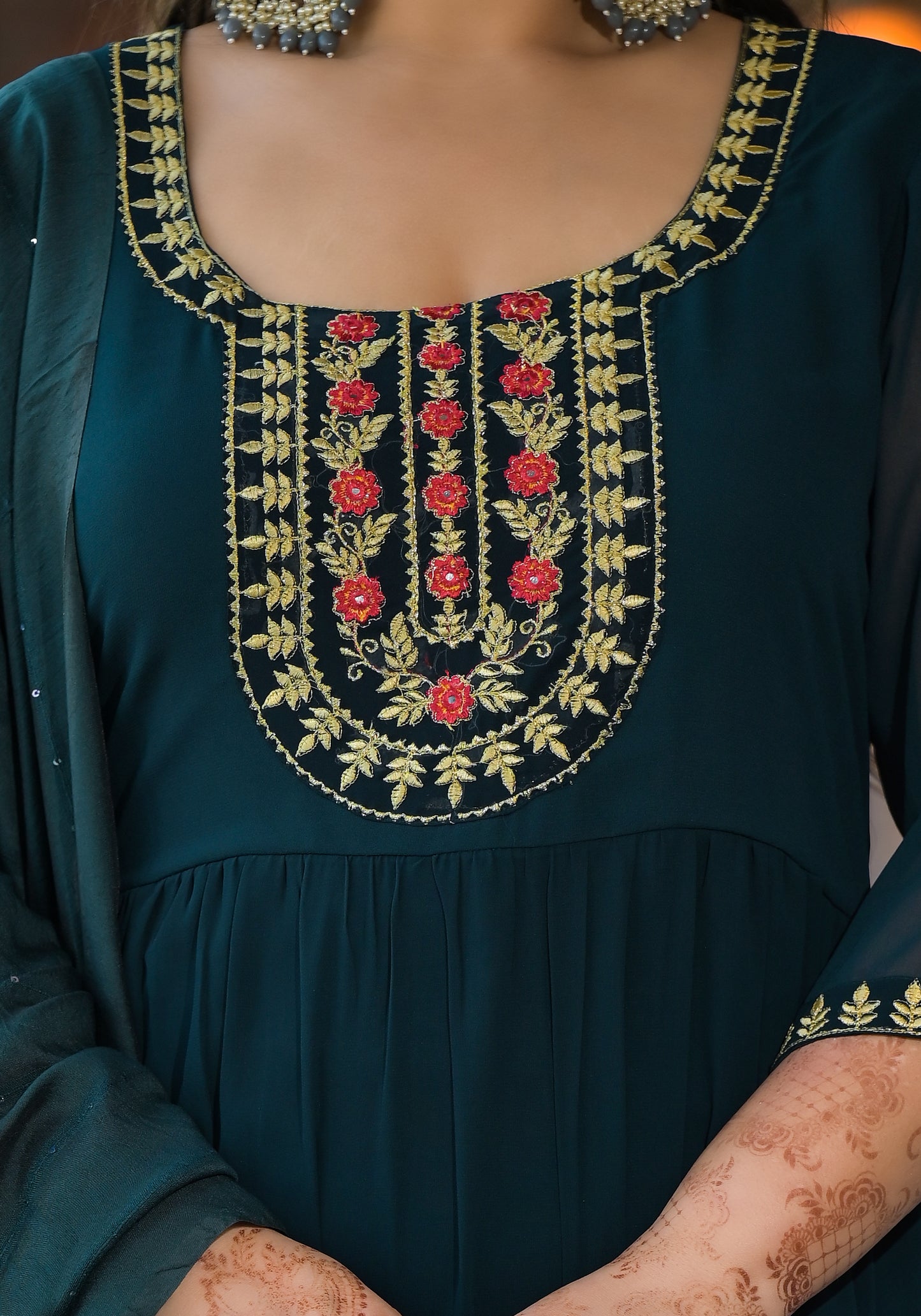 Dark Green Embroidered Anarkali Kurta & Dupatta Set