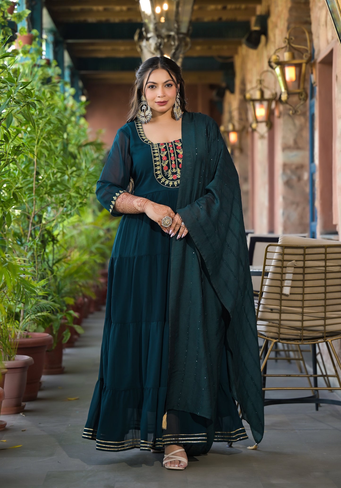Dark Green Embroidered Anarkali Kurta & Dupatta Set