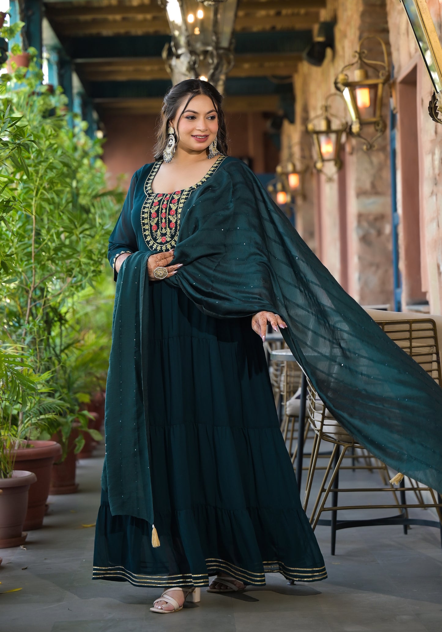 Dark Green Embroidered Anarkali Kurta & Dupatta Set
