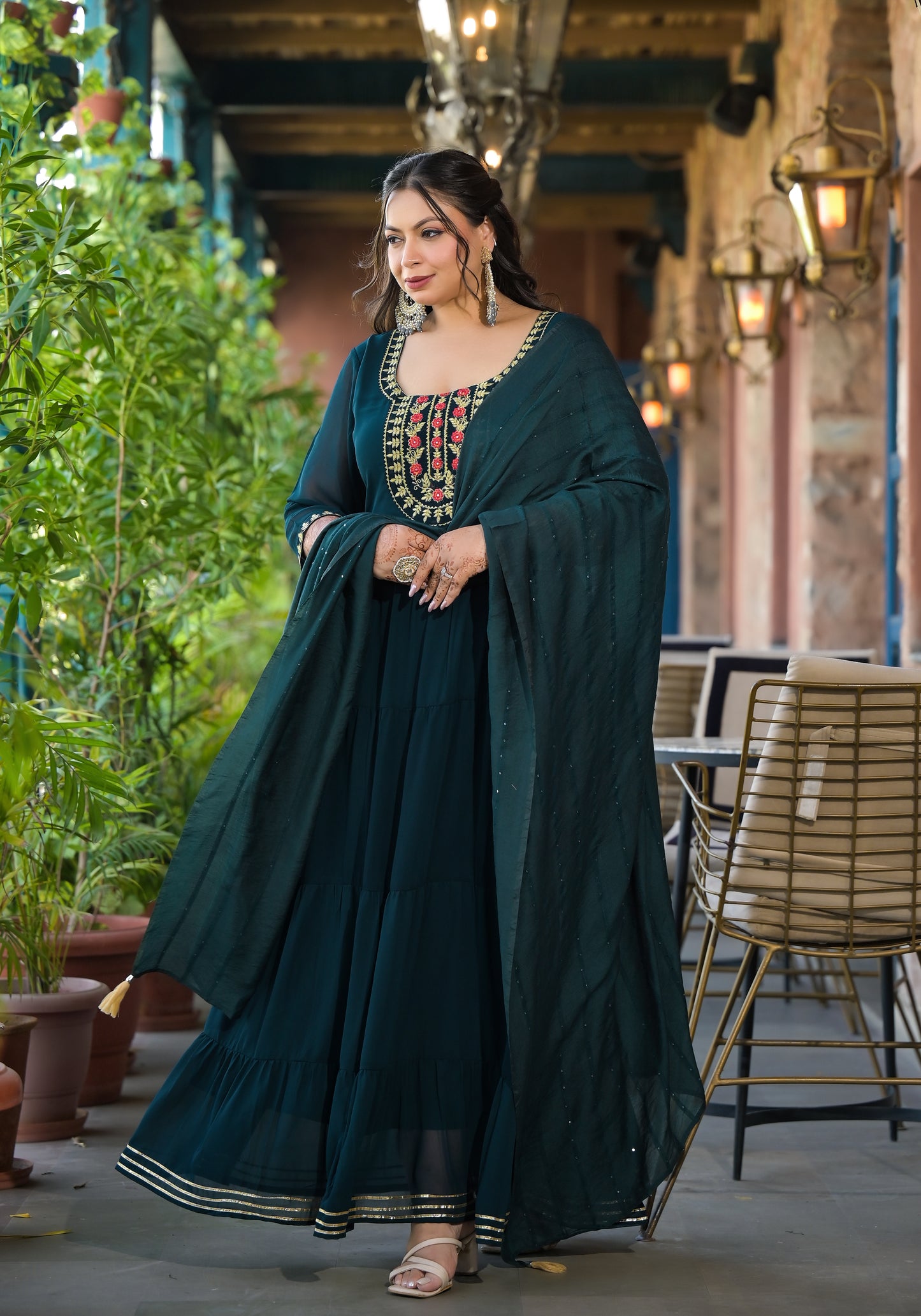 Dark Green Embroidered Anarkali Kurta & Dupatta Set