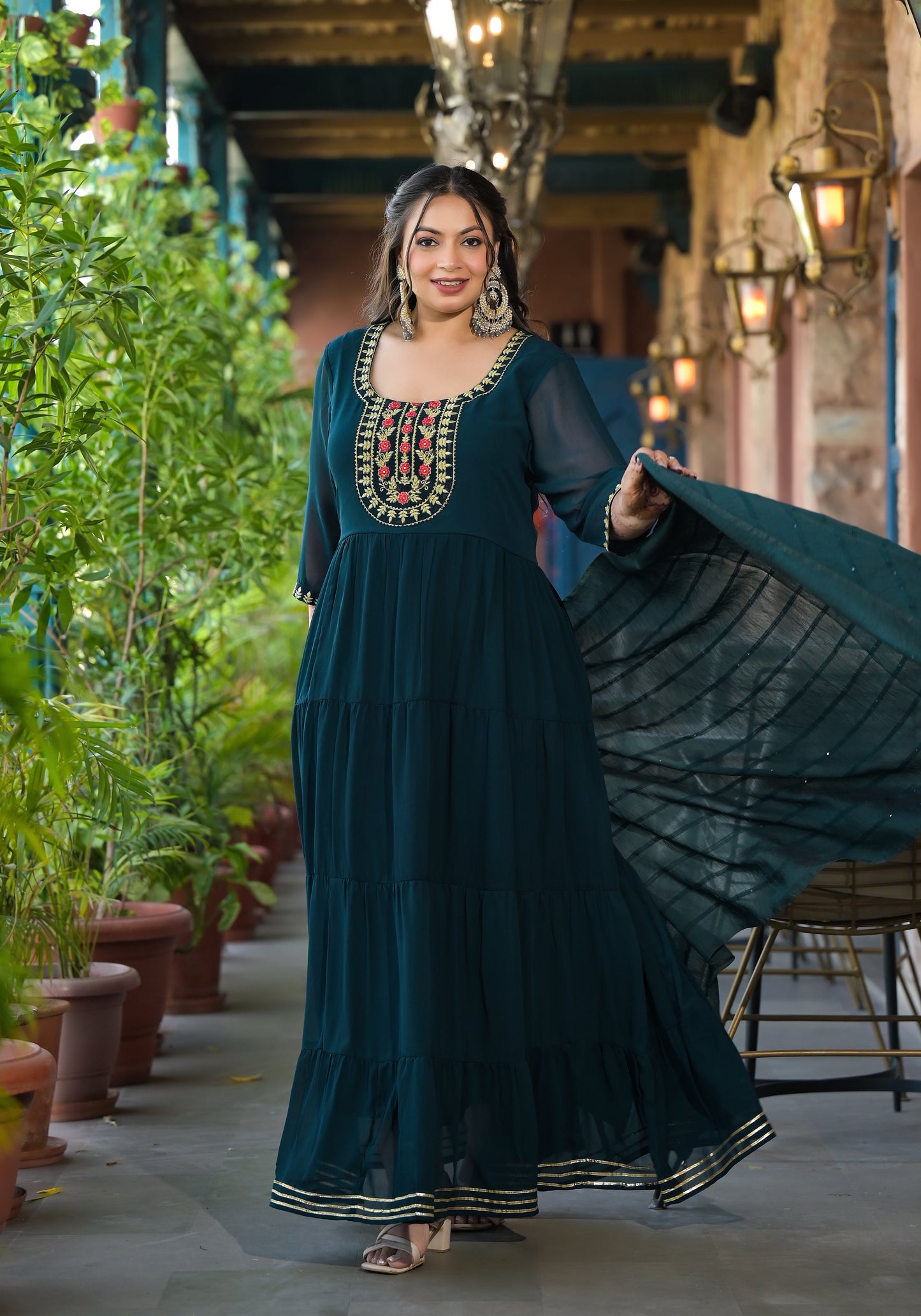 Dark Green Embroidered Anarkali Kurta & Dupatta Set