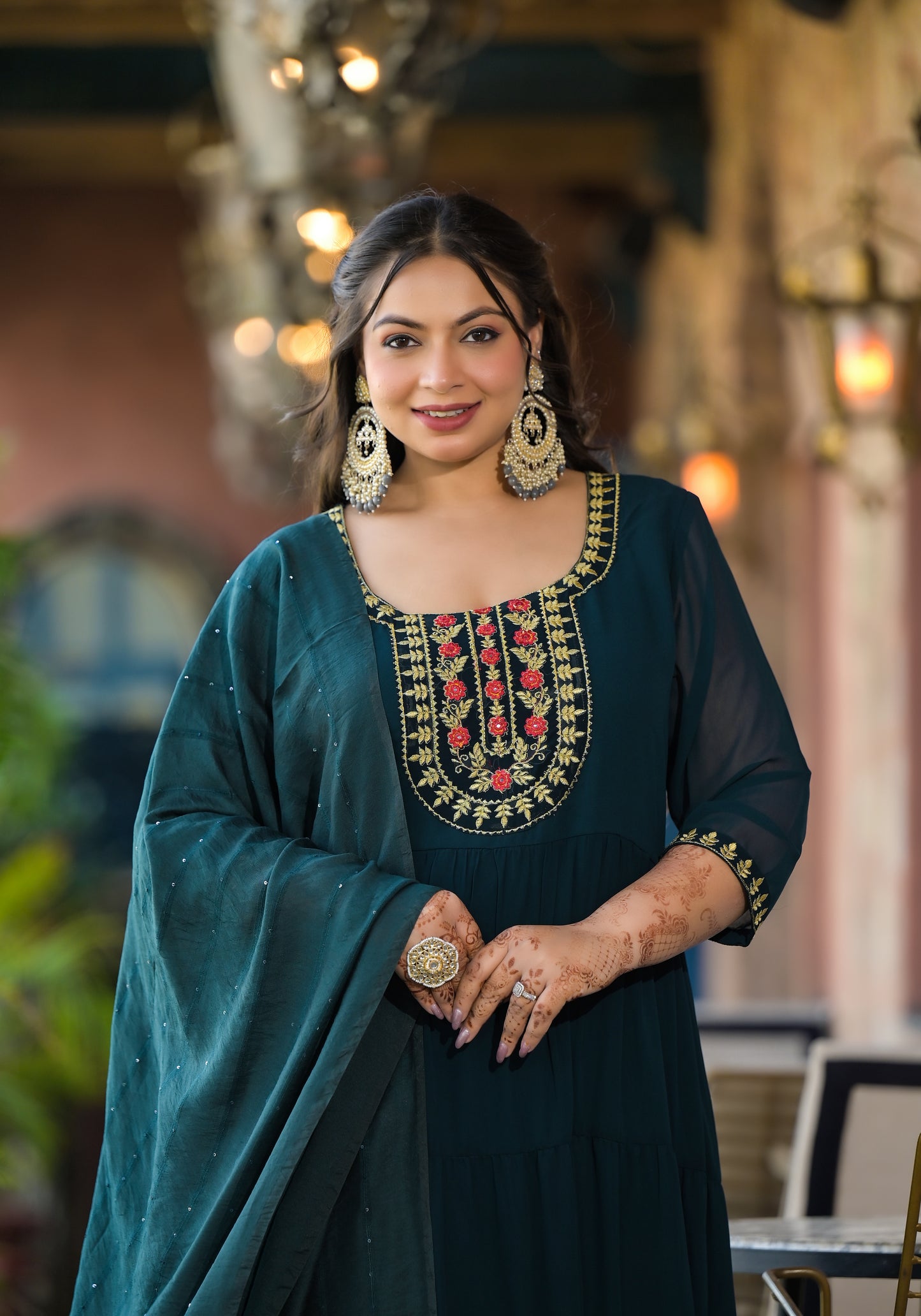 Dark Green Embroidered Anarkali Kurta & Dupatta Set