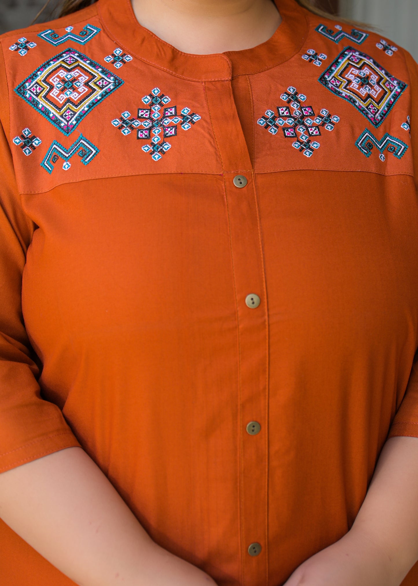 Rust Neck Embroidered Top