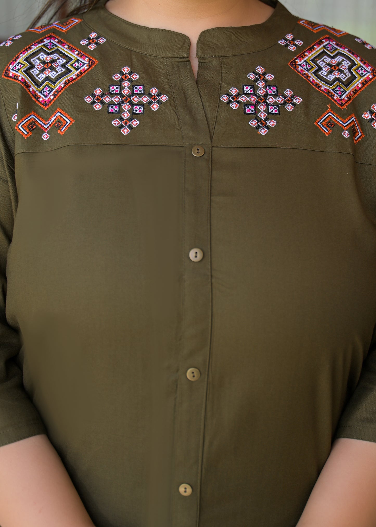 Khaki Neck Embroidered Top
