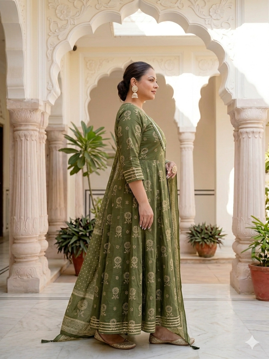 Mehendi Green Anarkali Kurta & Dupatta Set (Pure Cotton)