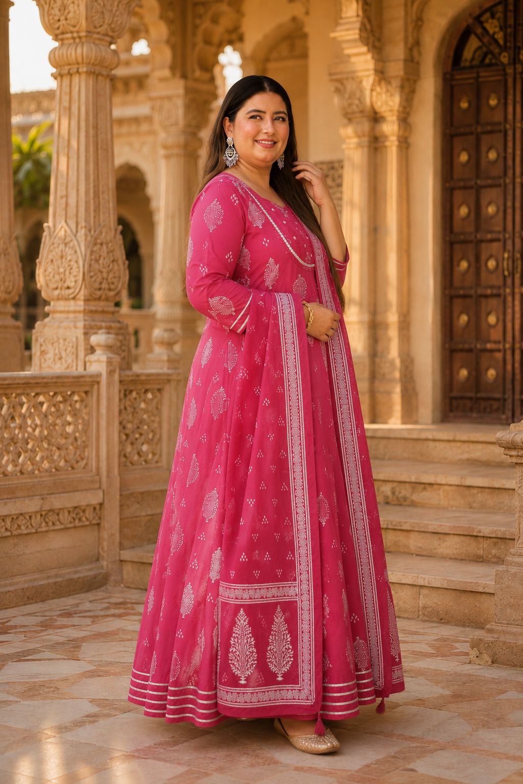 Pink Anarkali Kurta & Dupatta Set (Cotton)