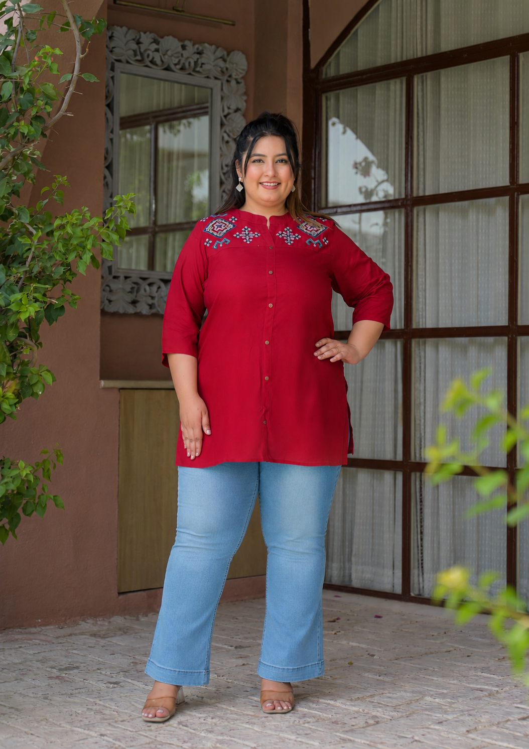 Maroon Neck Embroidered Top