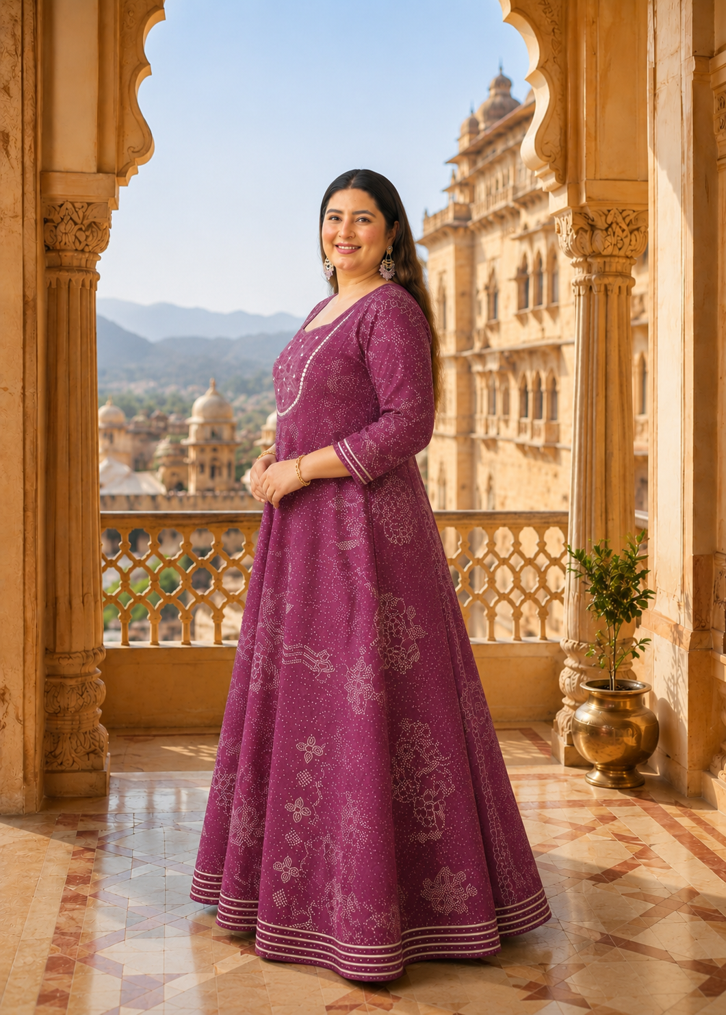 Wine Anarkali Kurta & Dupatta Set (Cotton)