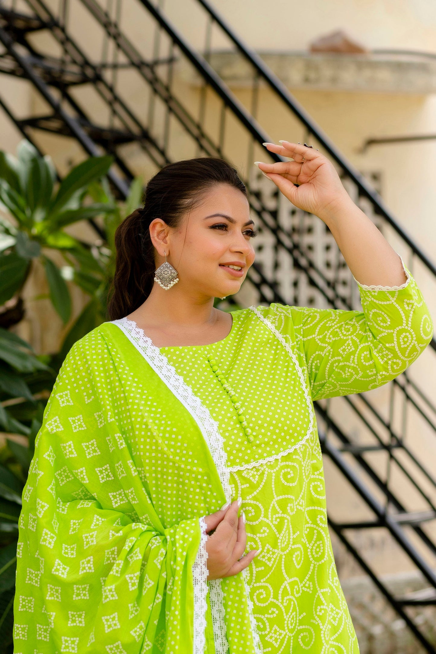 Parrot Green Printed Kurta pant Dupatta Set (Cotton)