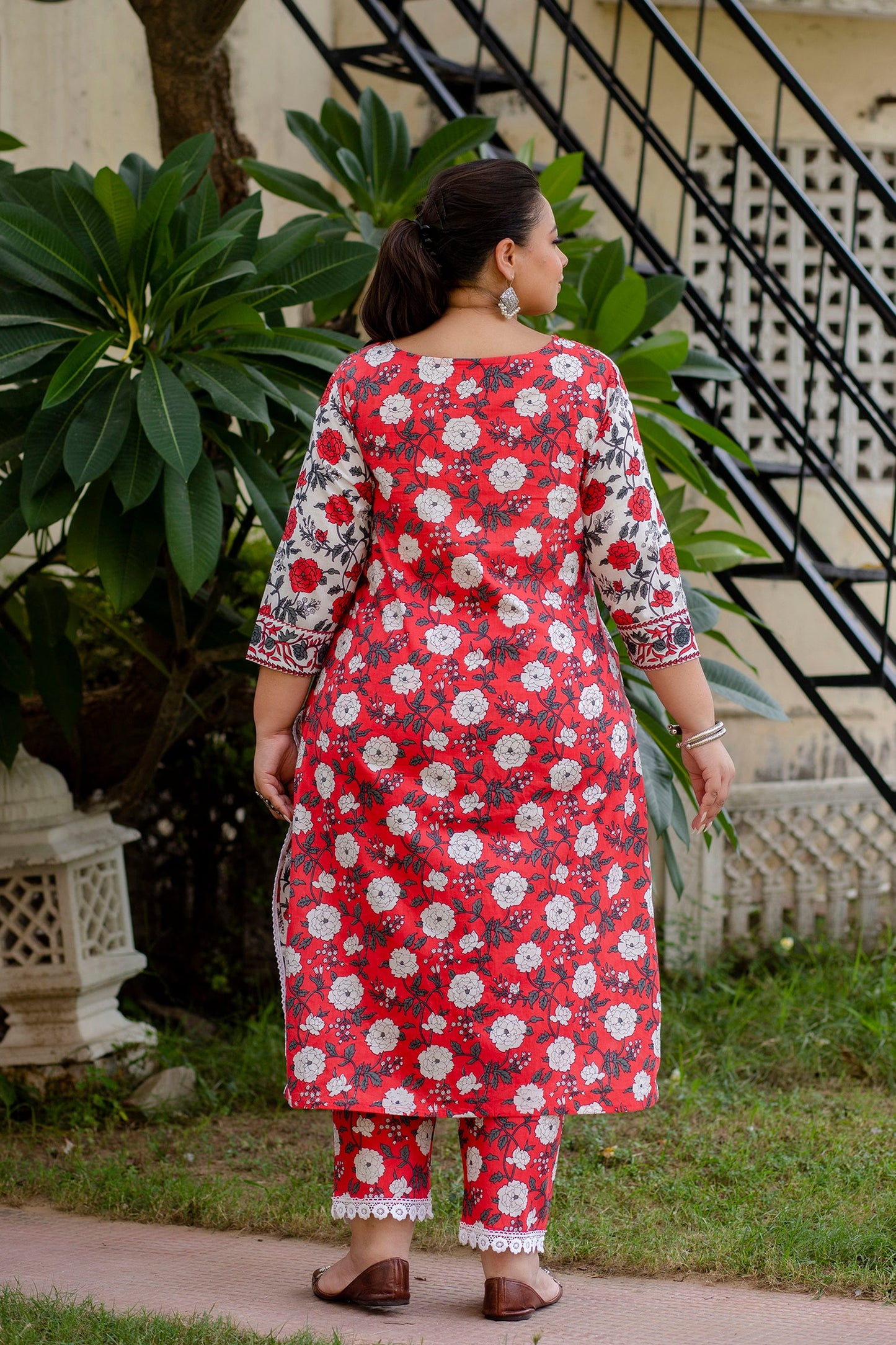Red Printed Kurta pant Dupatta Set (Cotton)