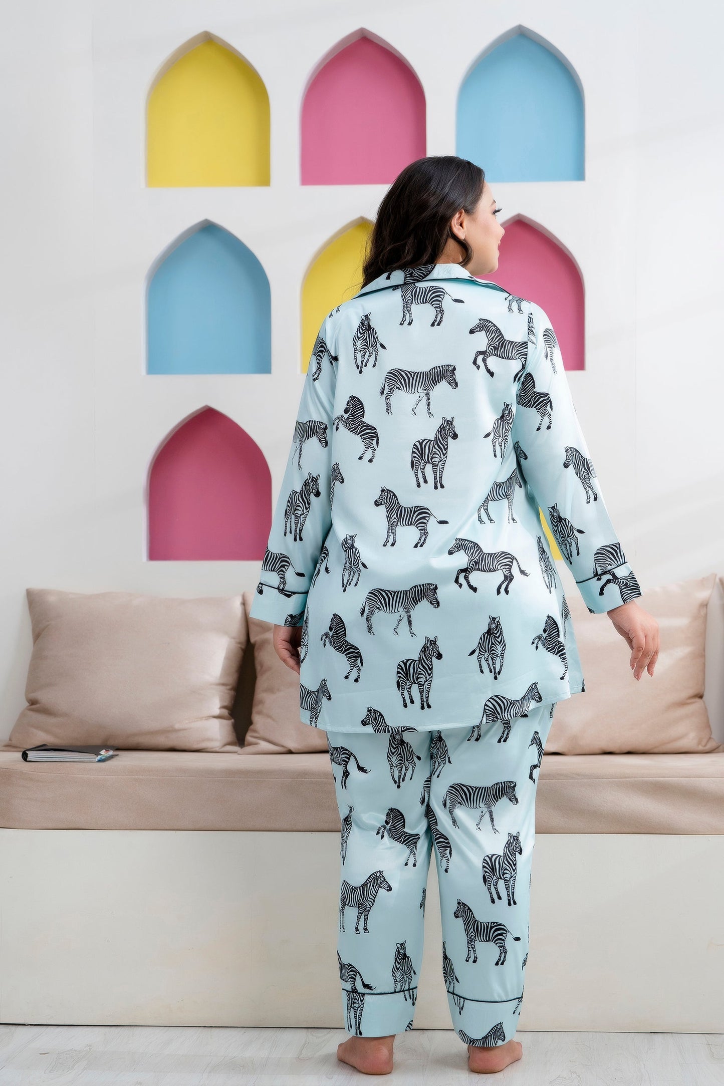 Light Sky Blue Printed Night Suit Shirt & Pajama Set