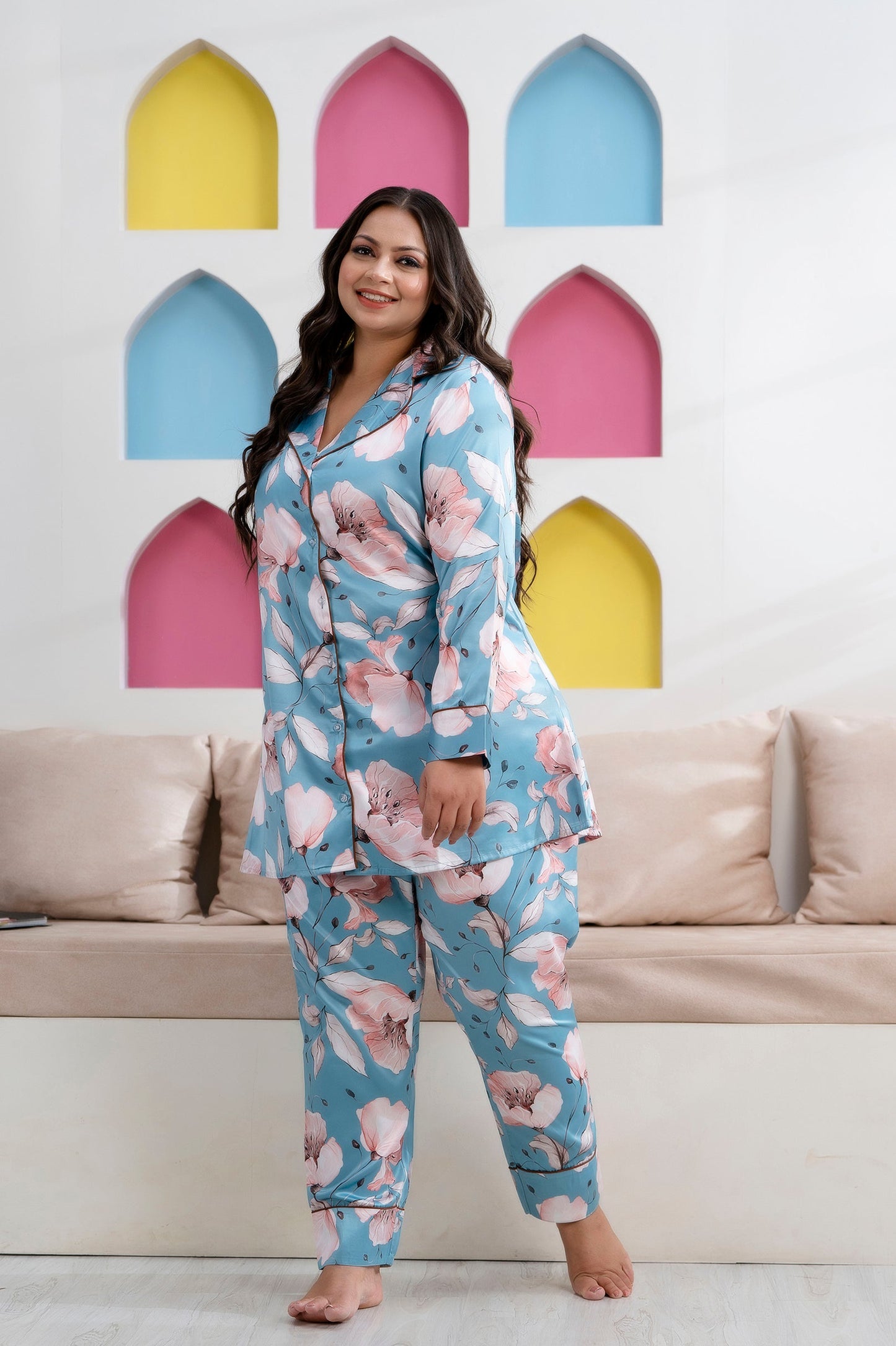 Light Sea Green Printed Night Suit Shirt & Pajama Set