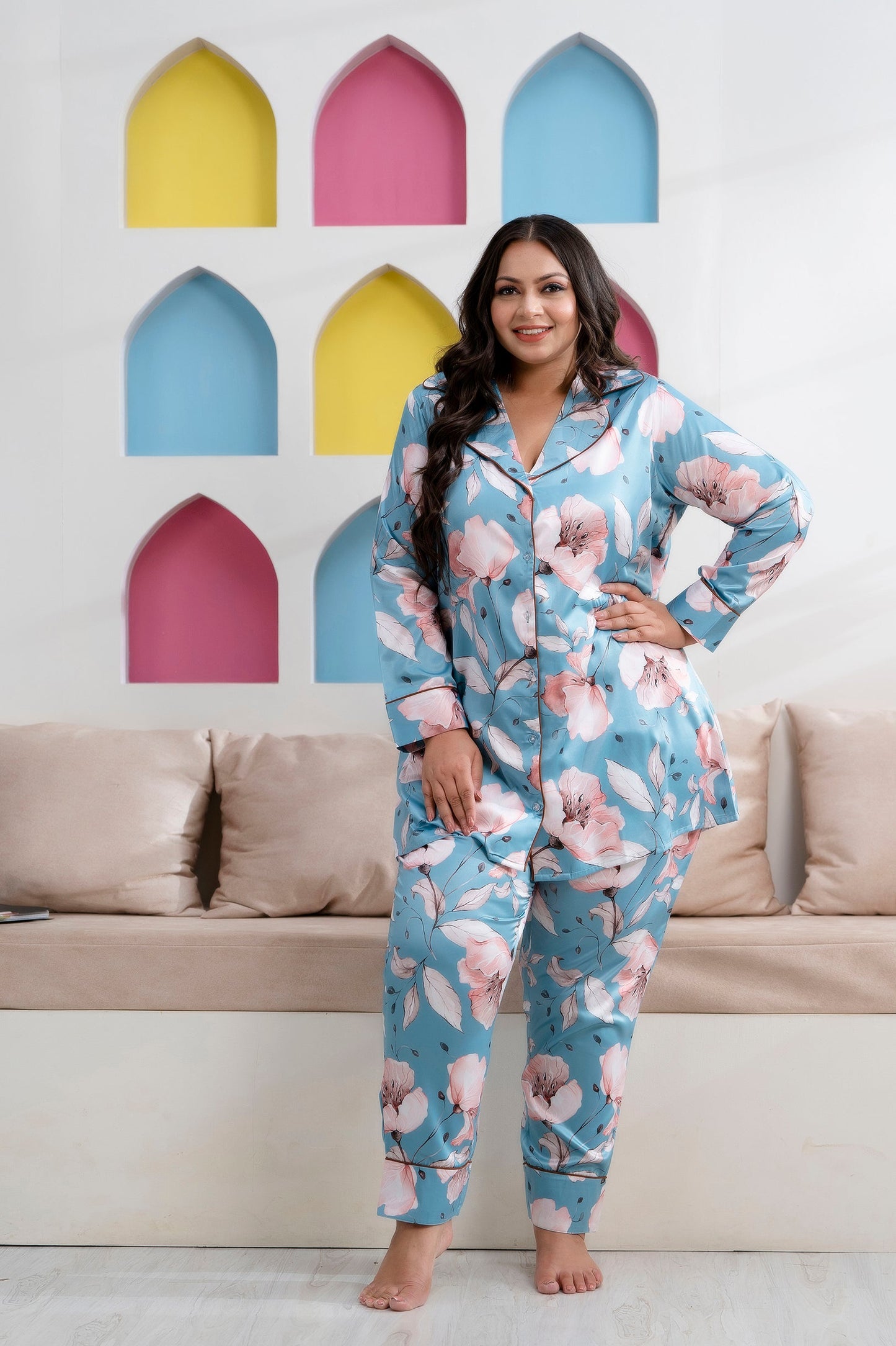 Light Sea Green Printed Night Suit Shirt & Pajama Set