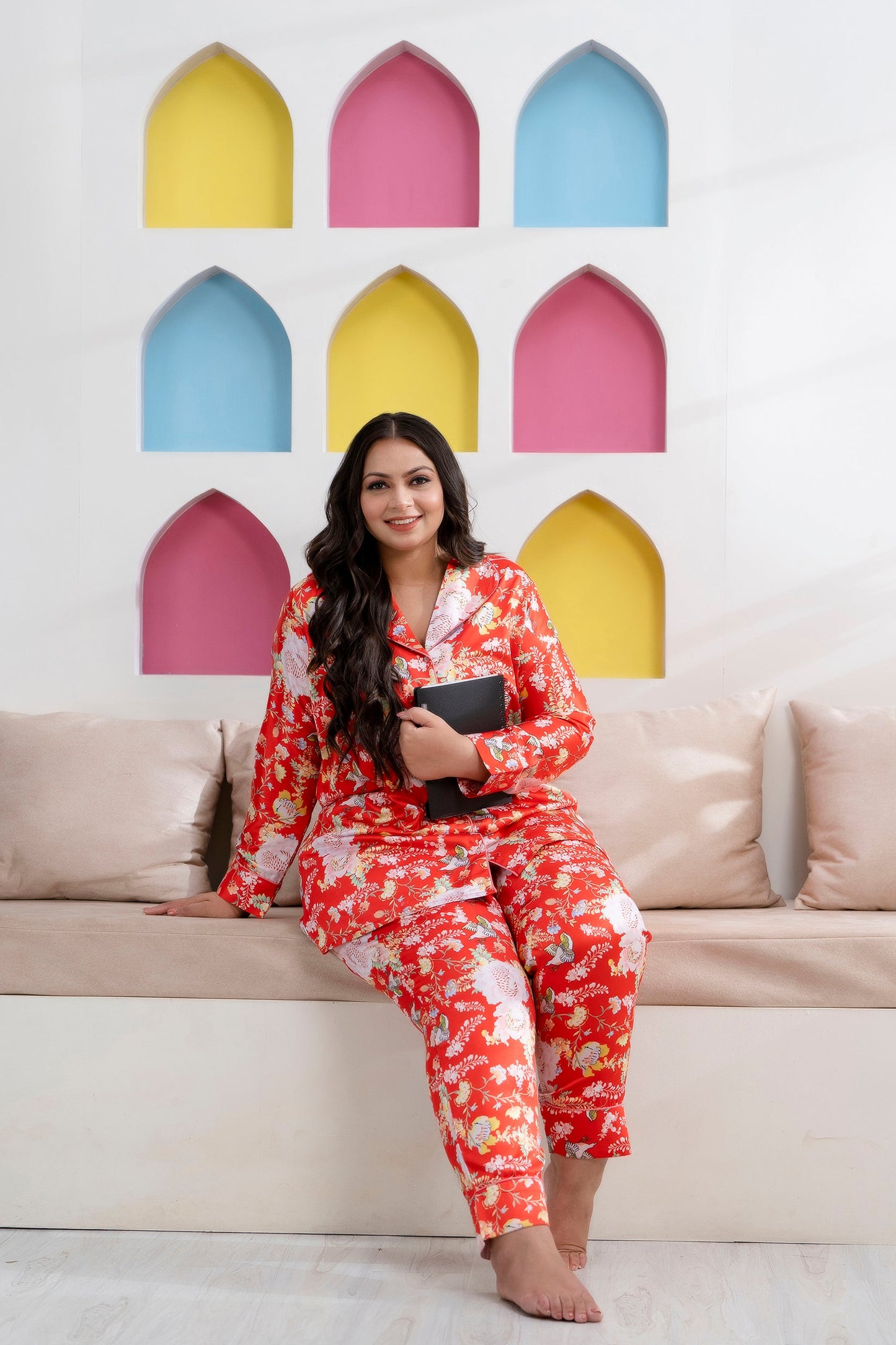 Orange Printed Night Suit Shirt & Pajama Set