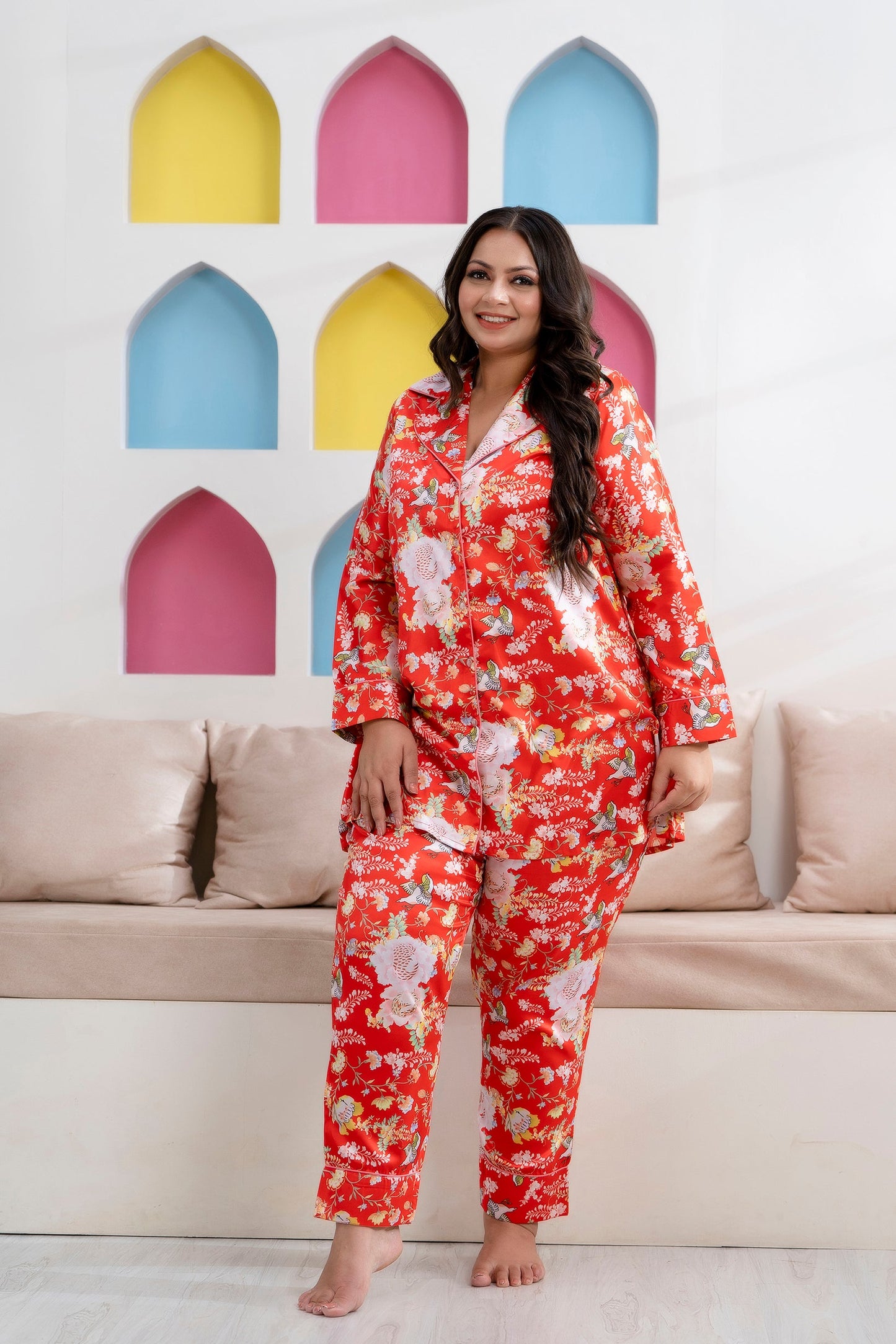 Orange Printed Night Suit Shirt & Pajama Set