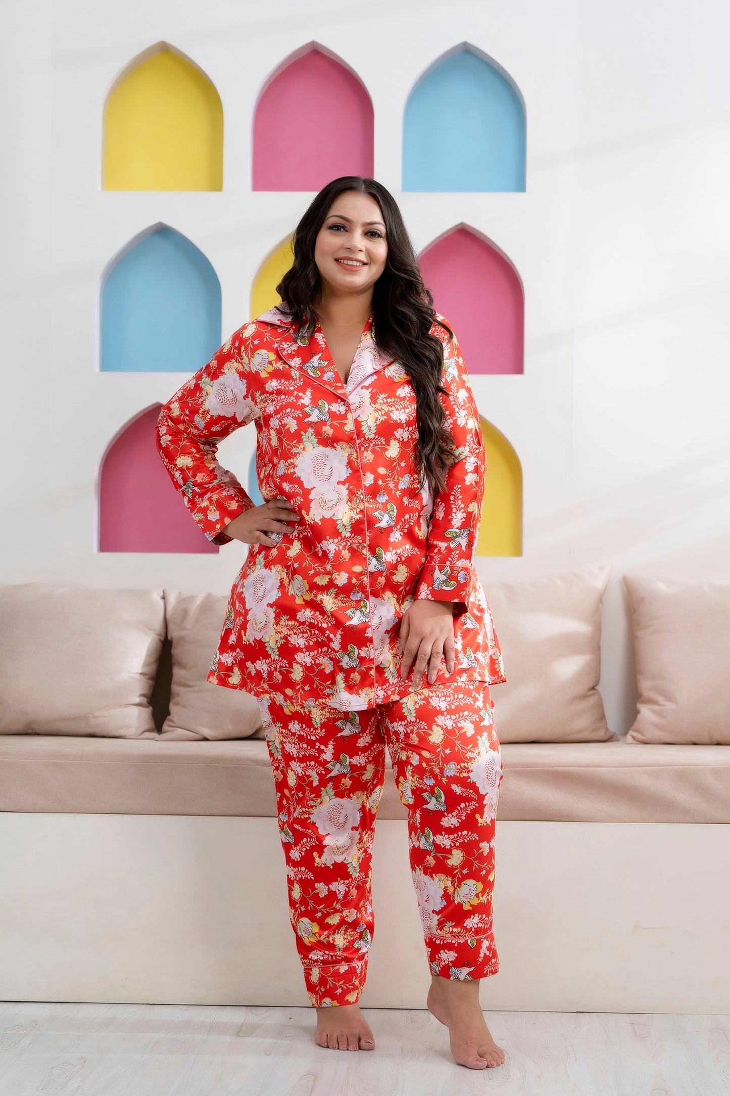 Orange Printed Night Suit Shirt & Pajama Set
