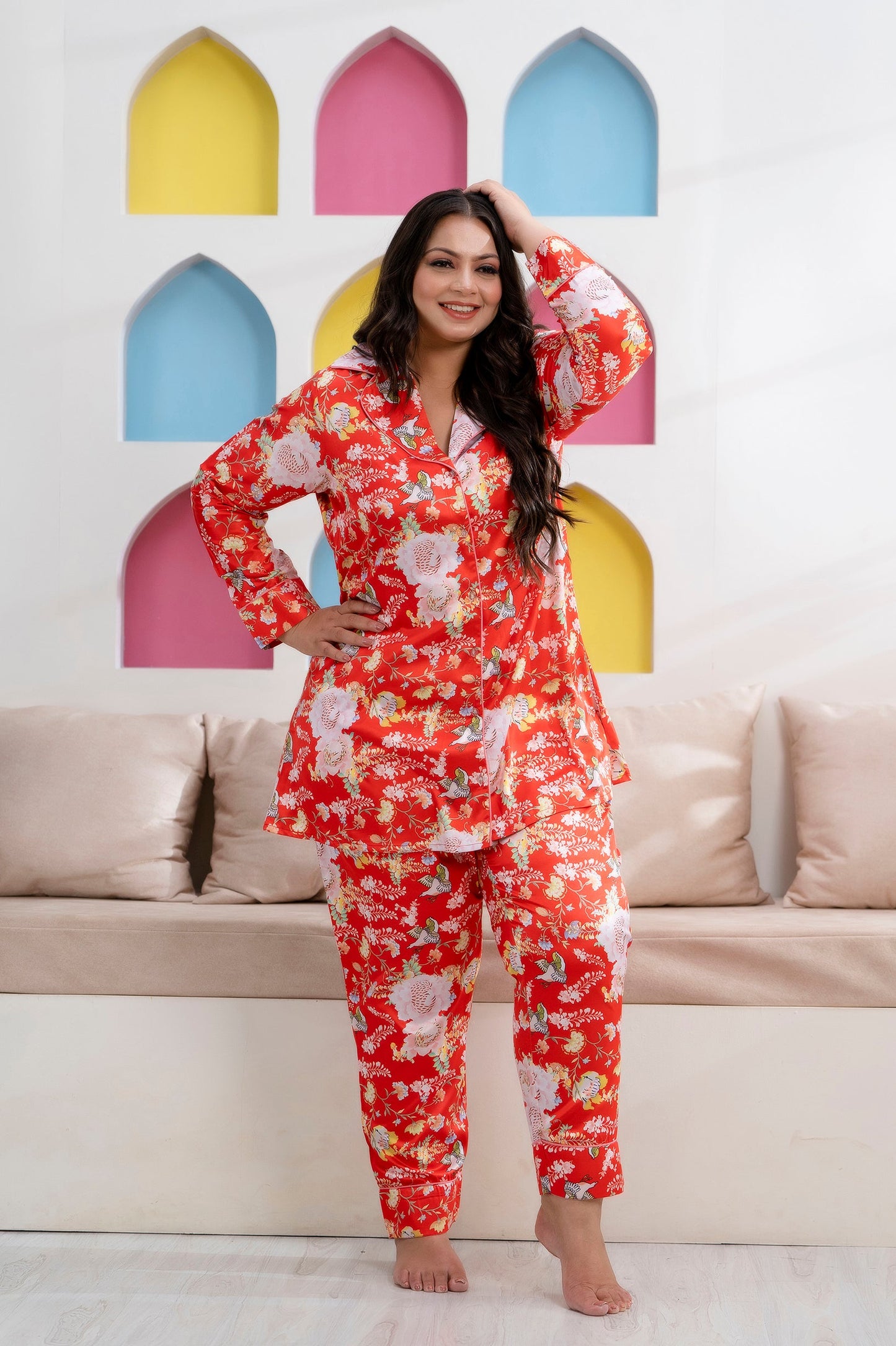 Orange Printed Night Suit Shirt & Pajama Set