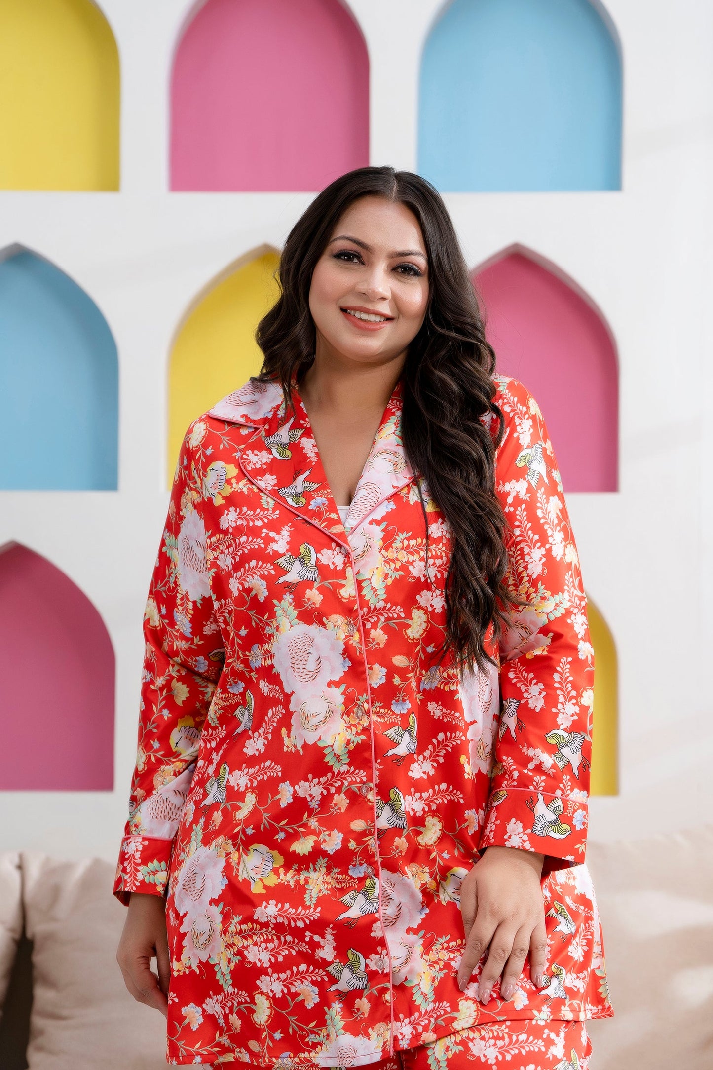 Orange Printed Night Suit Shirt & Pajama Set