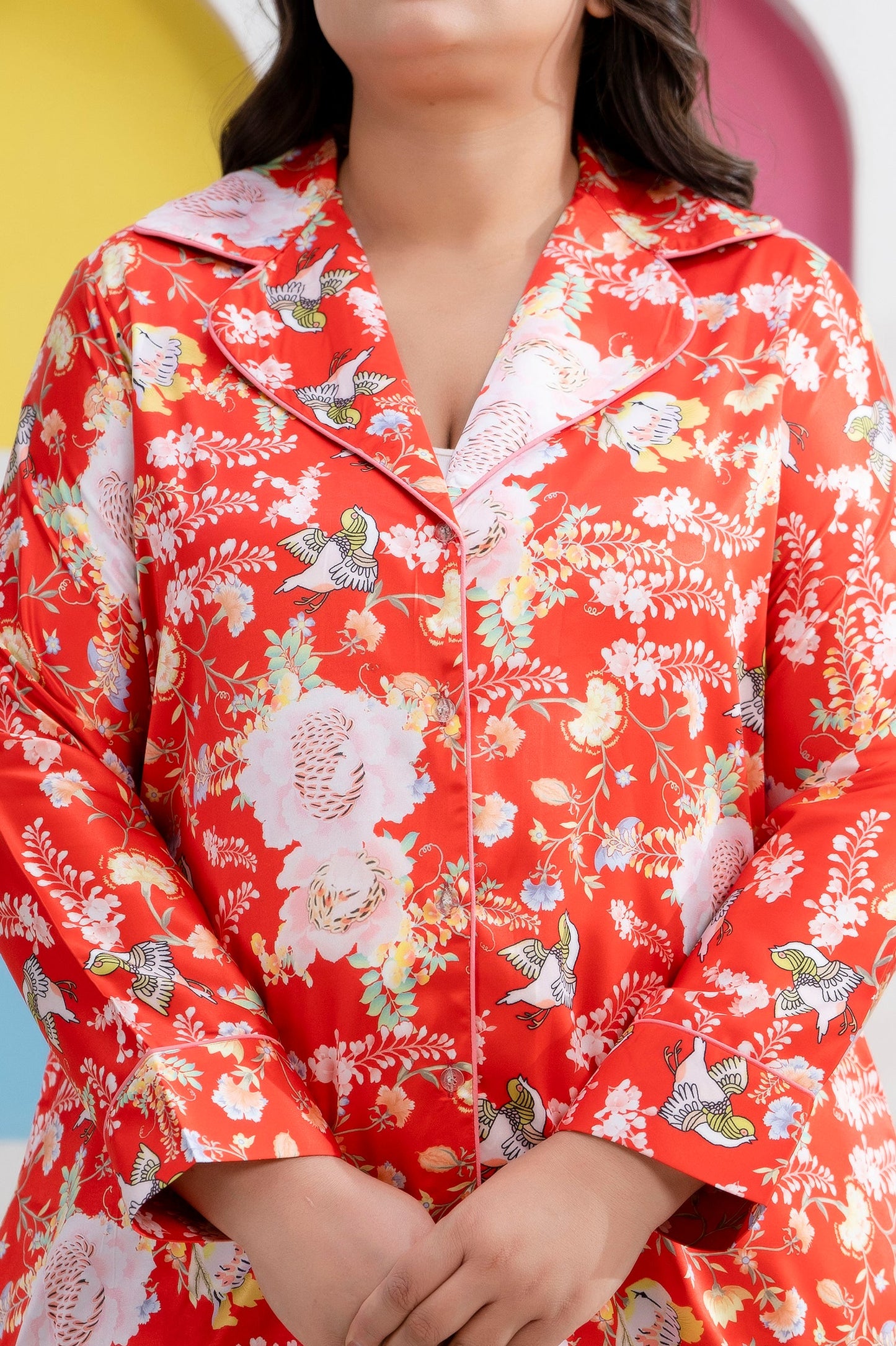 Orange Printed Night Suit Shirt & Pajama Set