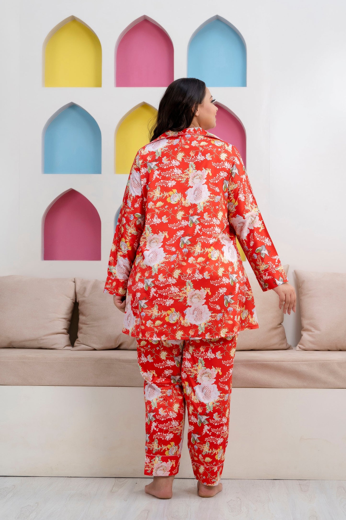 Orange Printed Night Suit Shirt & Pajama Set