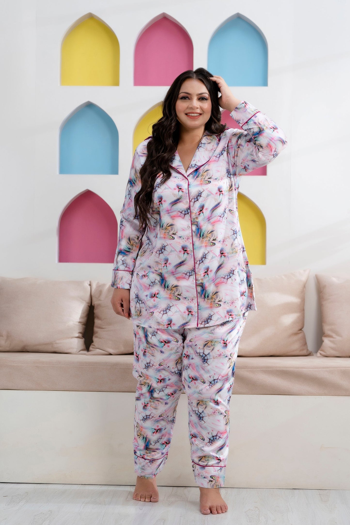 Purple Printed Night Suit Shirt & Pajama Set