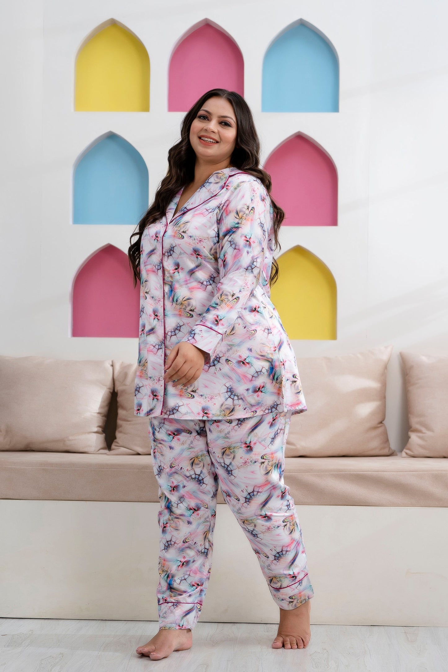 Purple Printed Night Suit Shirt & Pajama Set