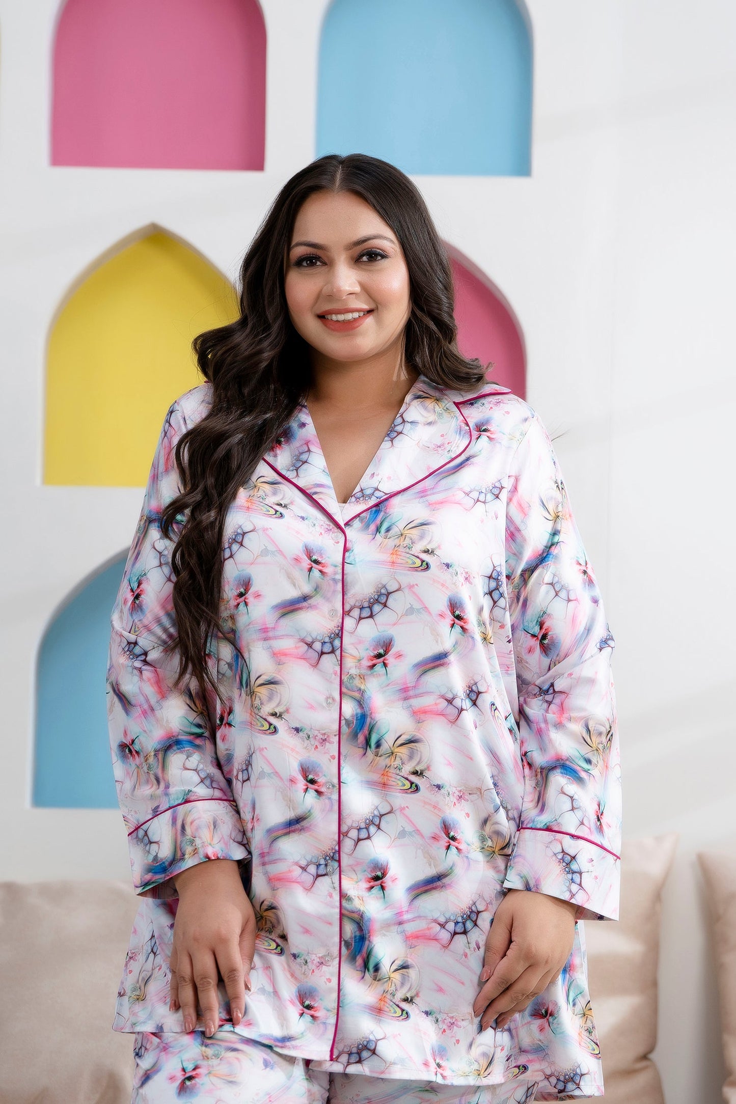Purple Printed Night Suit Shirt & Pajama Set