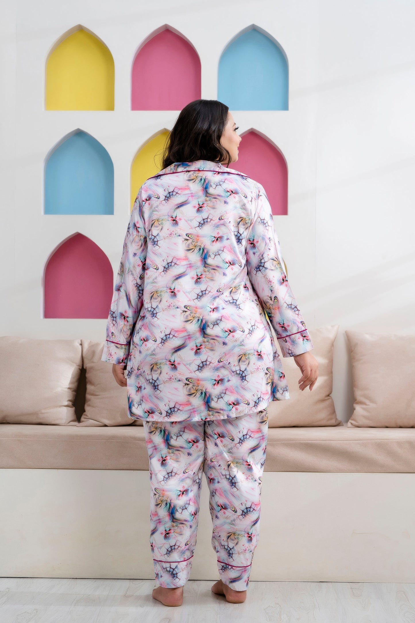 Purple Printed Night Suit Shirt & Pajama Set