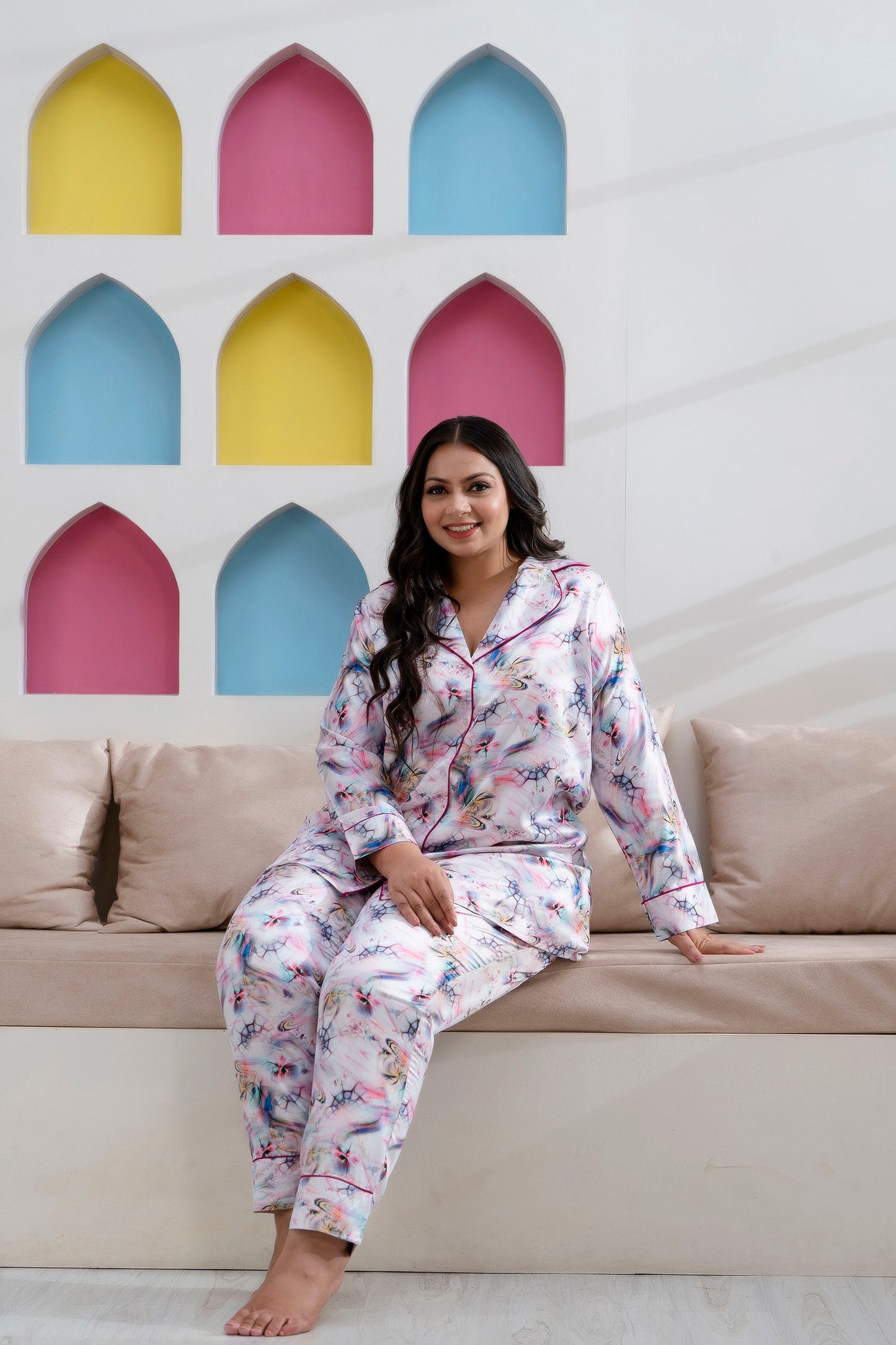 Purple Printed Night Suit Shirt & Pajama Set