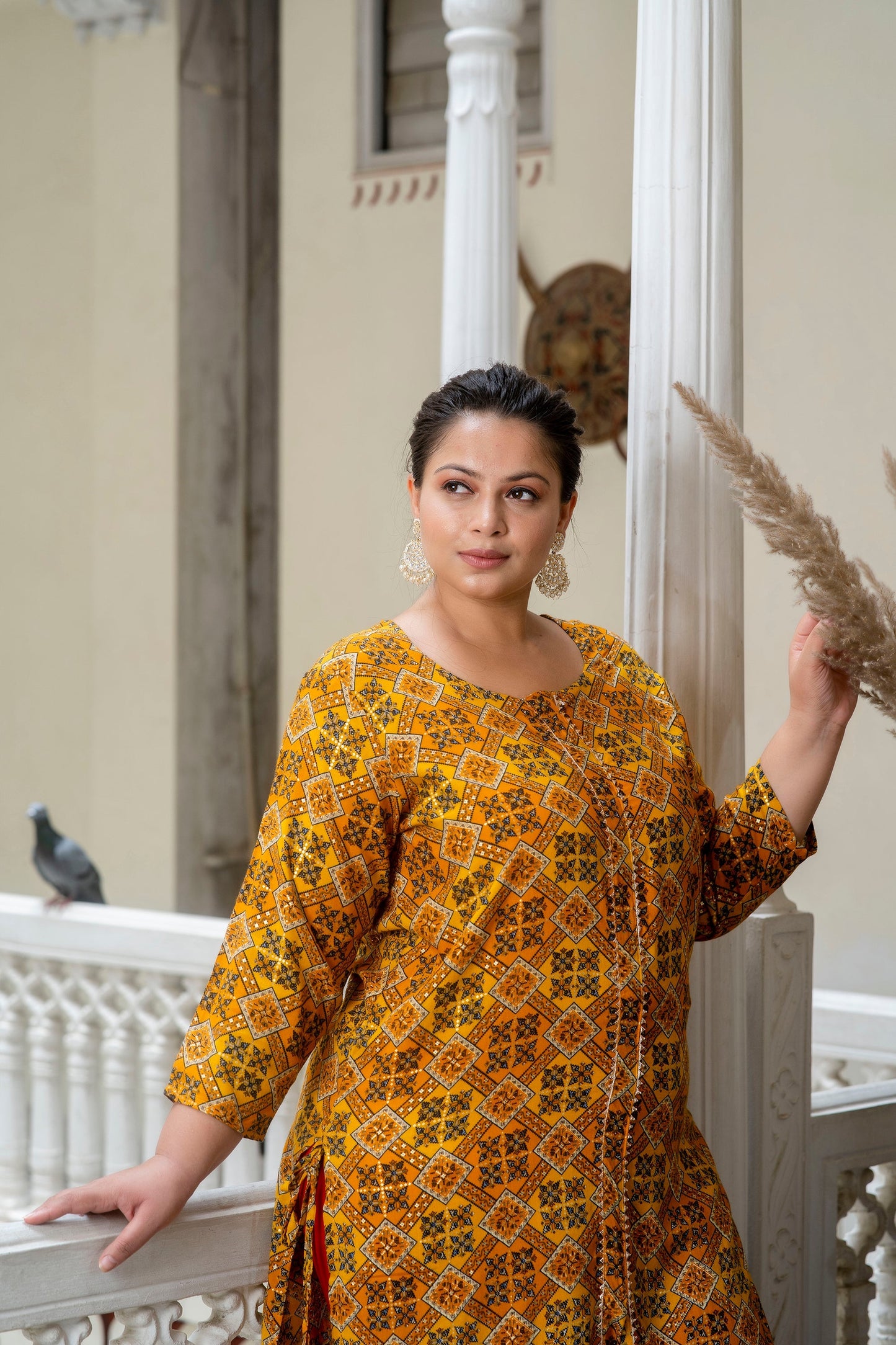 Yellow Printed Front Slit Kurta Pant Set