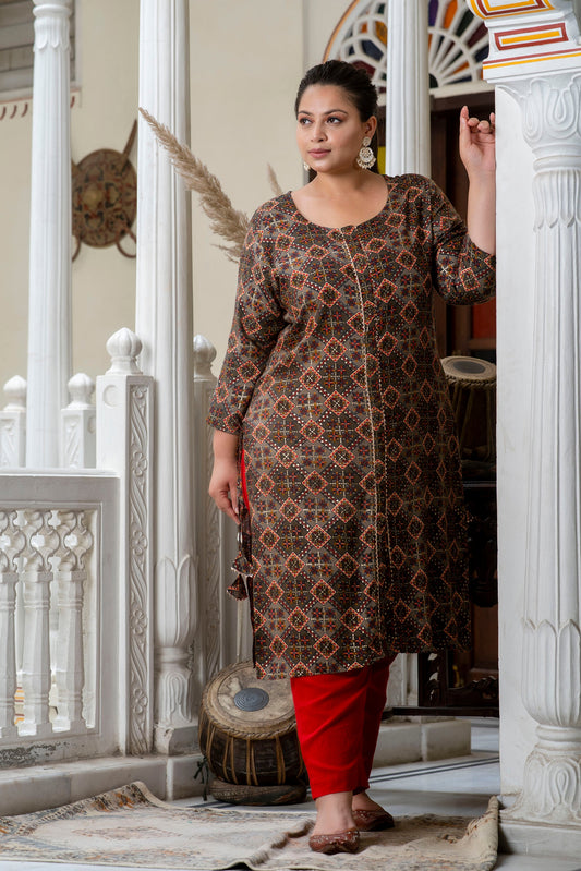 Brown Printed Front Slit Straight Kurti