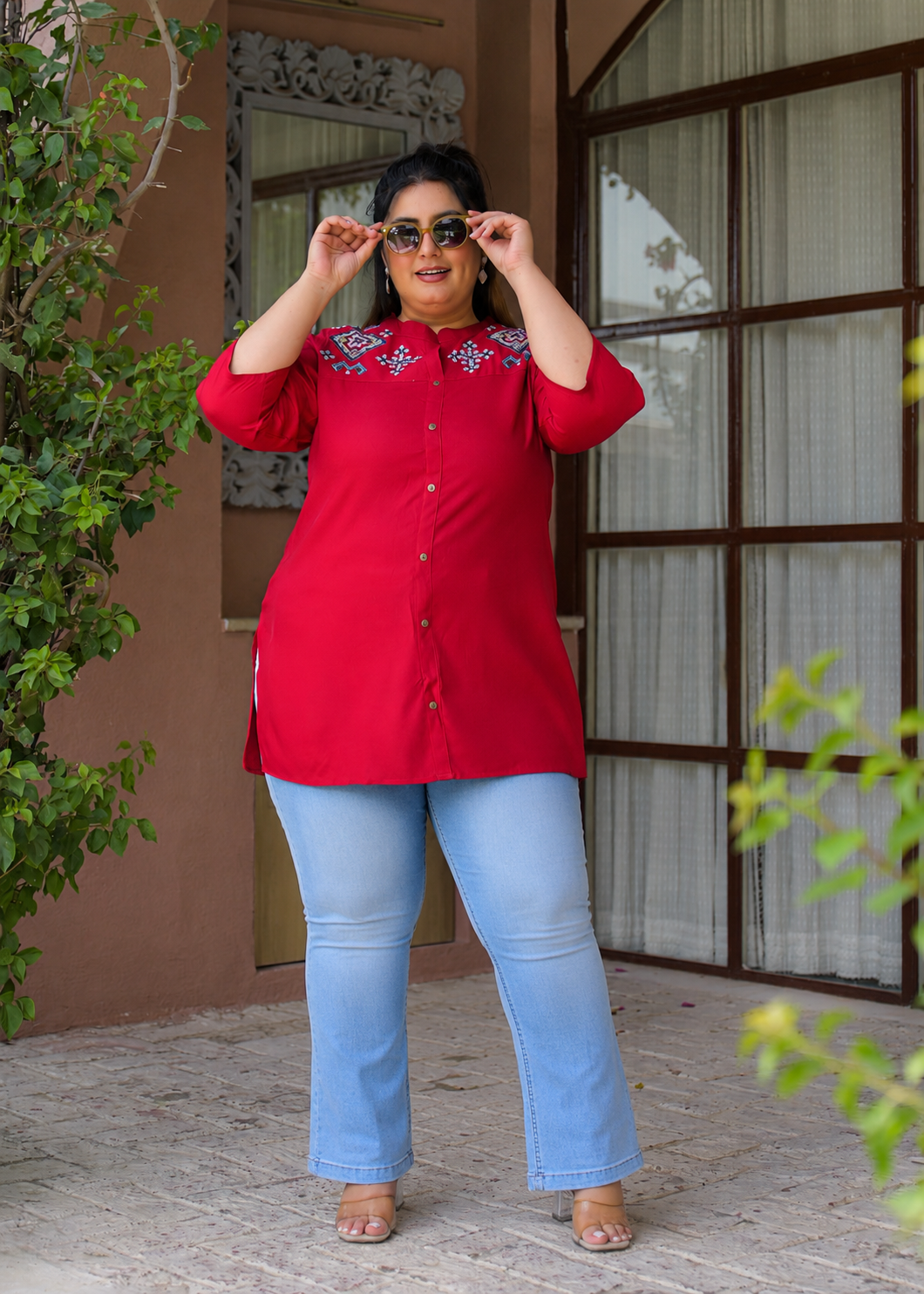 Maroon Neck Embroidered Top