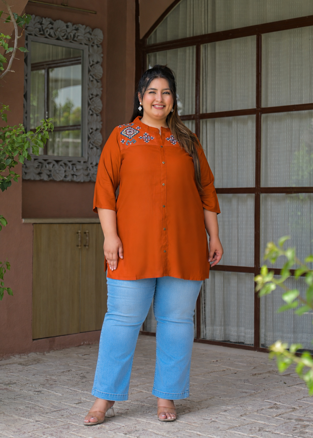 Rust Neck Embroidered Top