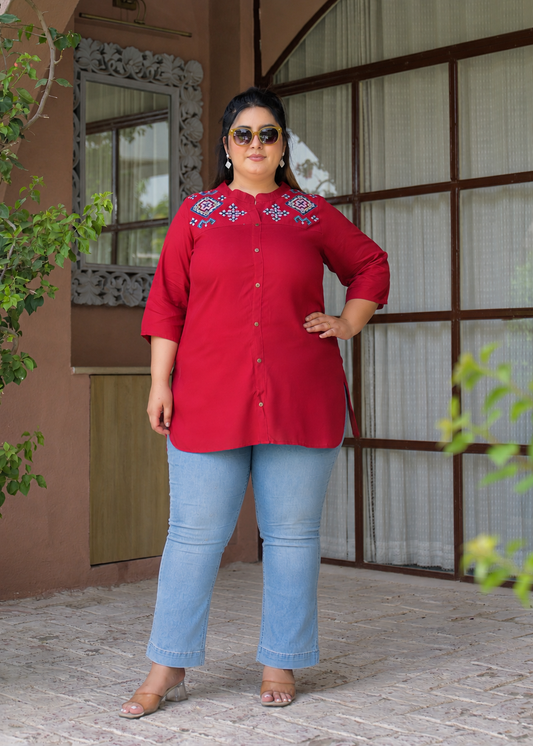 Maroon Neck Embroidered Top