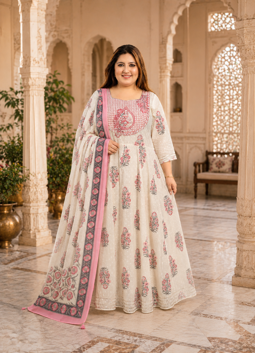 White Anarkali Kurta & Dupatta Set (Cotton)