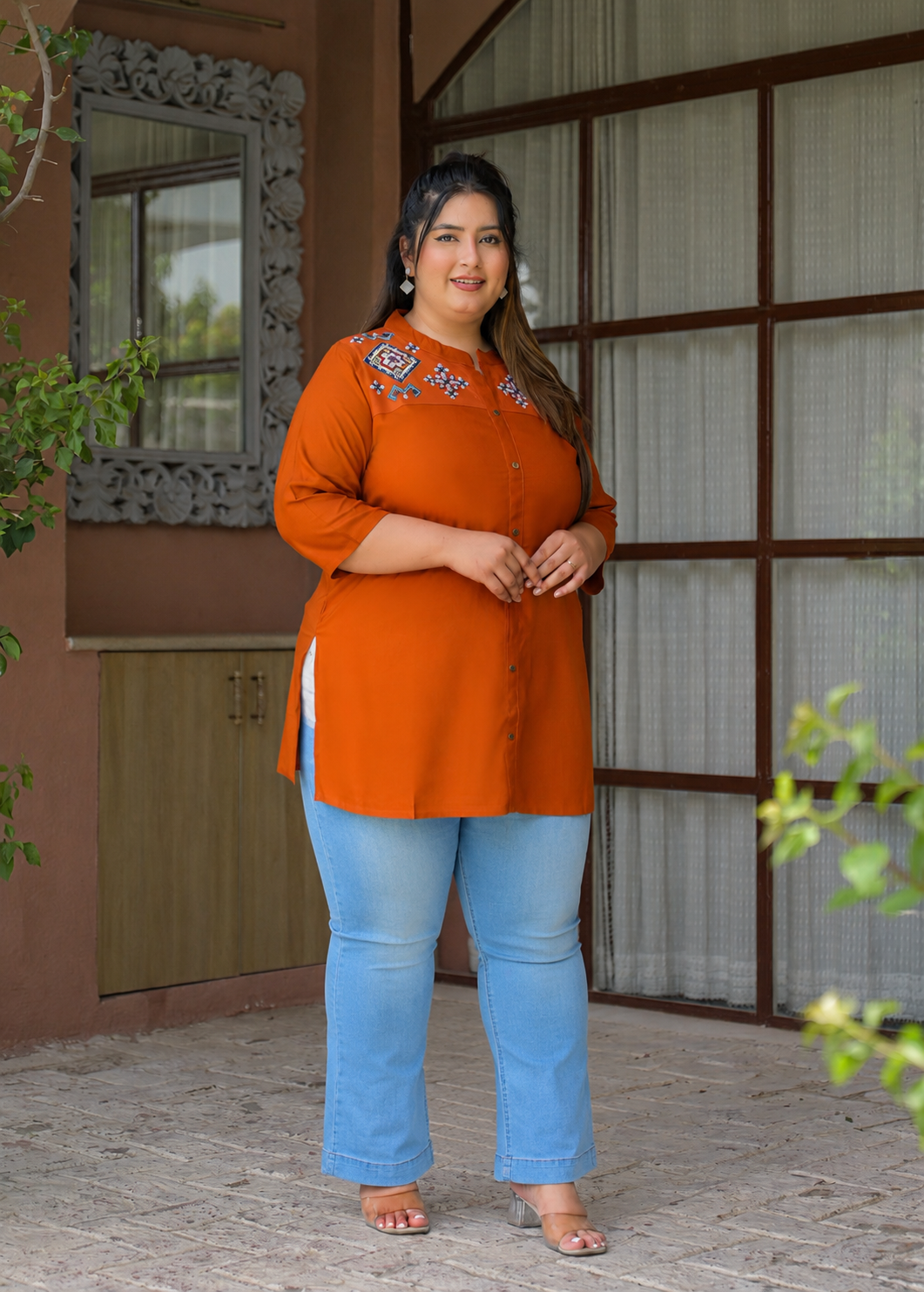 Rust Neck Embroidered Top