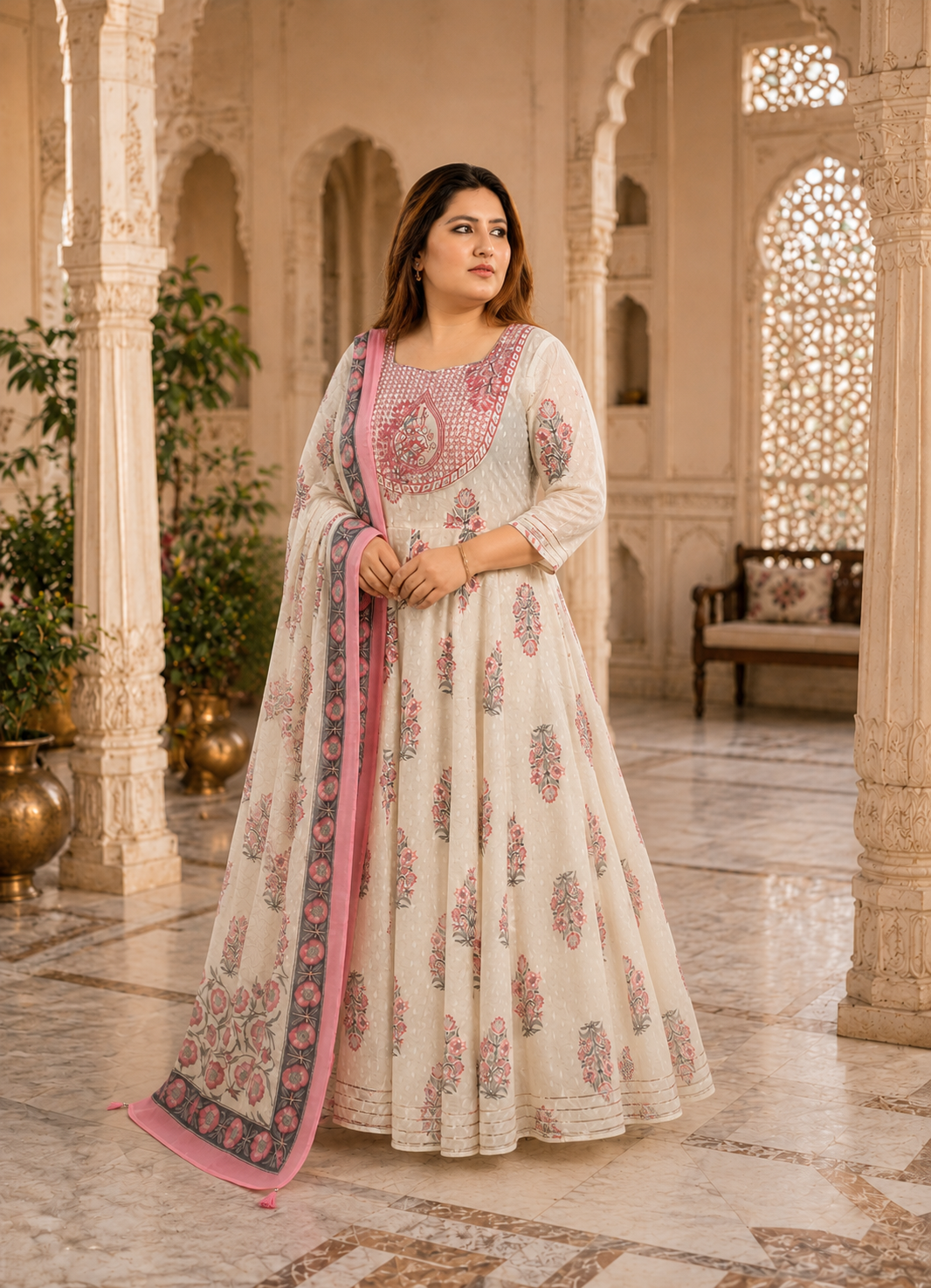 White Anarkali Kurta & Dupatta Set (Cotton)