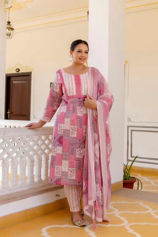 Pink Printed Kurta pant Dupatta Set (Cotton)