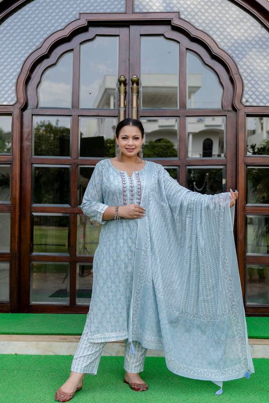 Light Blue Printed Kurta pant Dupatta Set (Cotton)