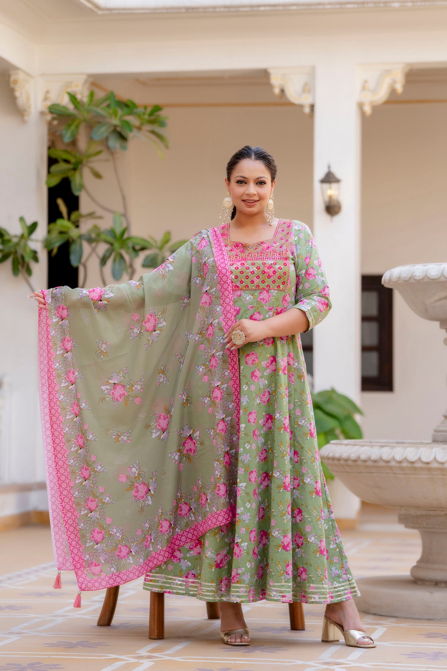 Green Embroidered Anarkali Kurta & Dupatta Set (Pure Cotton)