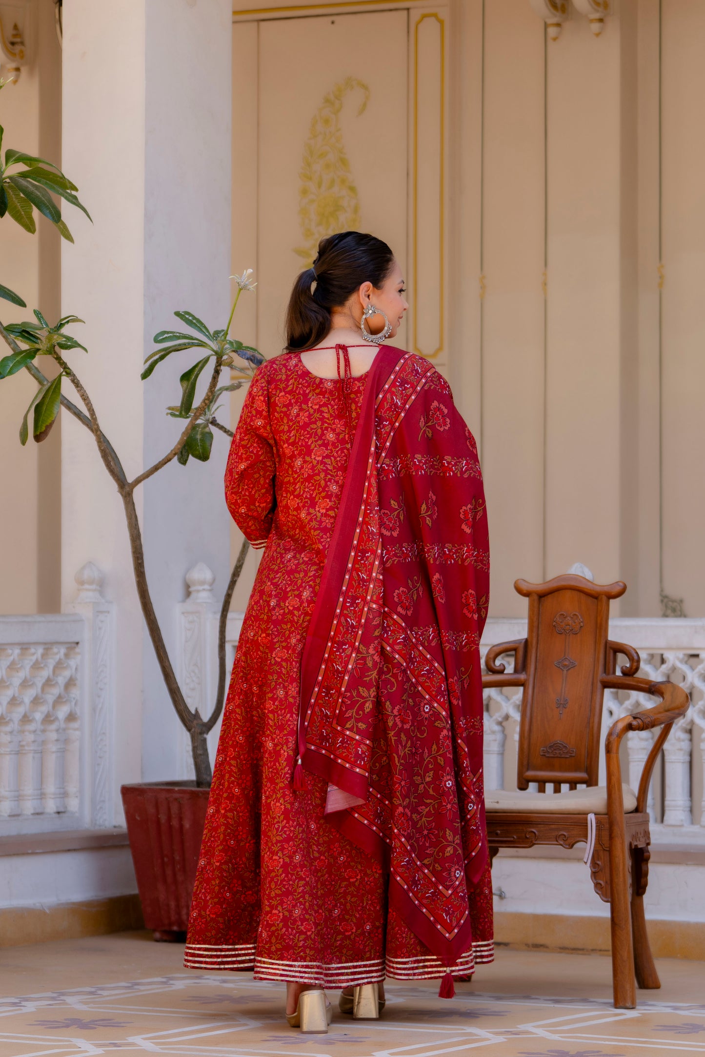 Maroon Embroidered Anarkali Kurta & Dupatta Set (Pure Cotton)