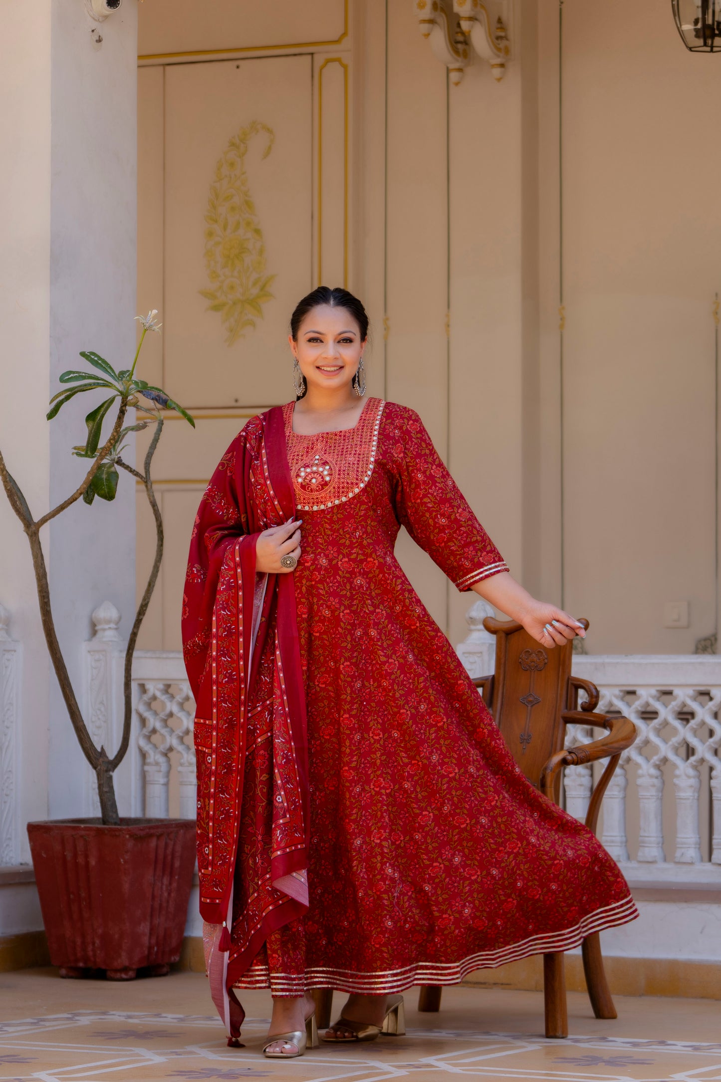 Maroon Embroidered Anarkali Kurta & Dupatta Set (Pure Cotton)