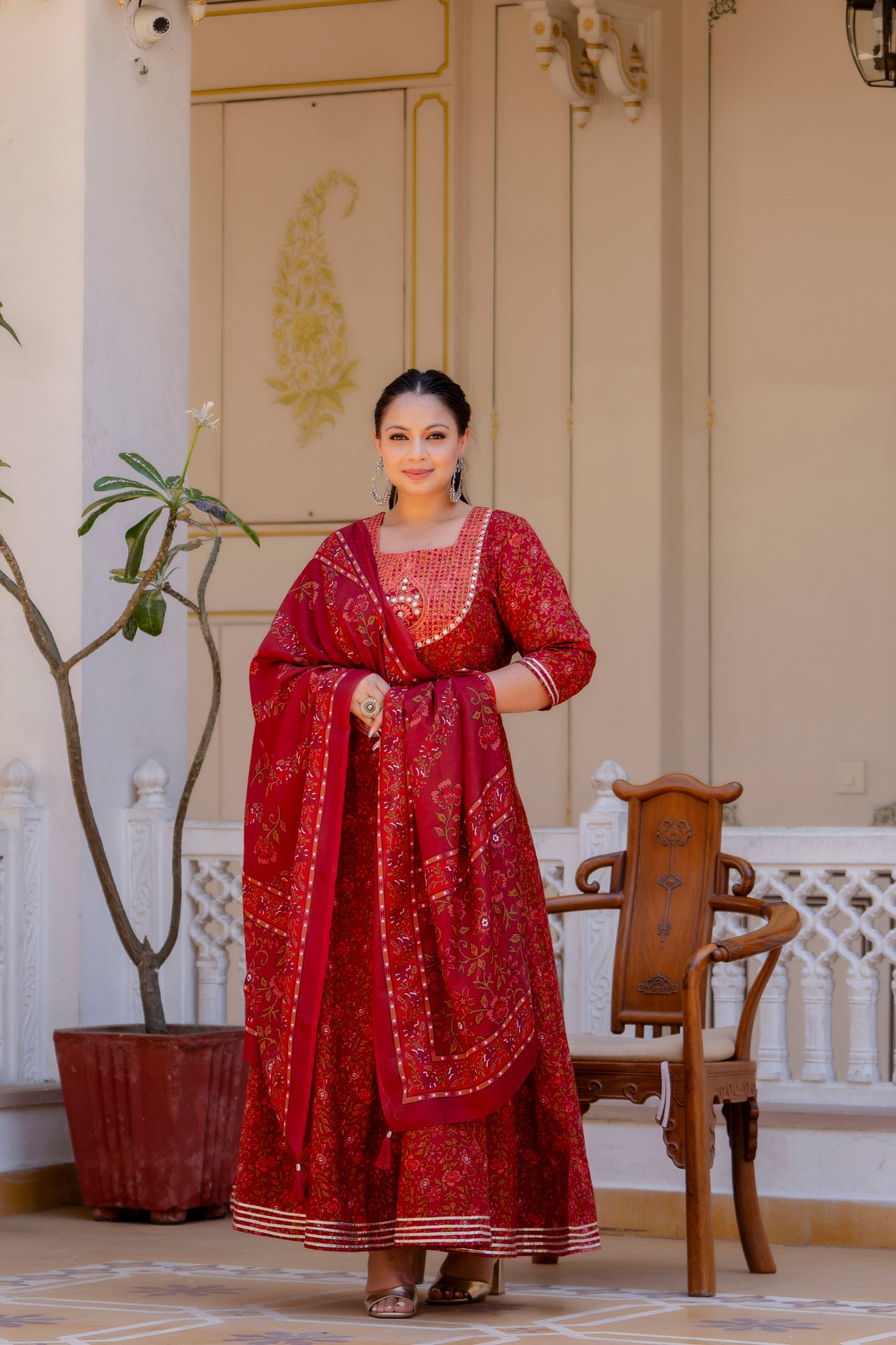 Maroon Embroidered Anarkali Kurta & Dupatta Set (Pure Cotton)