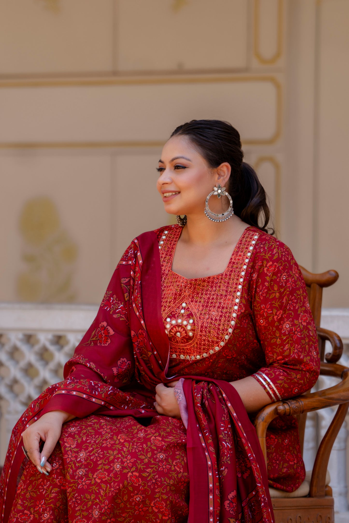 Maroon Embroidered Anarkali Kurta & Dupatta Set (Pure Cotton)