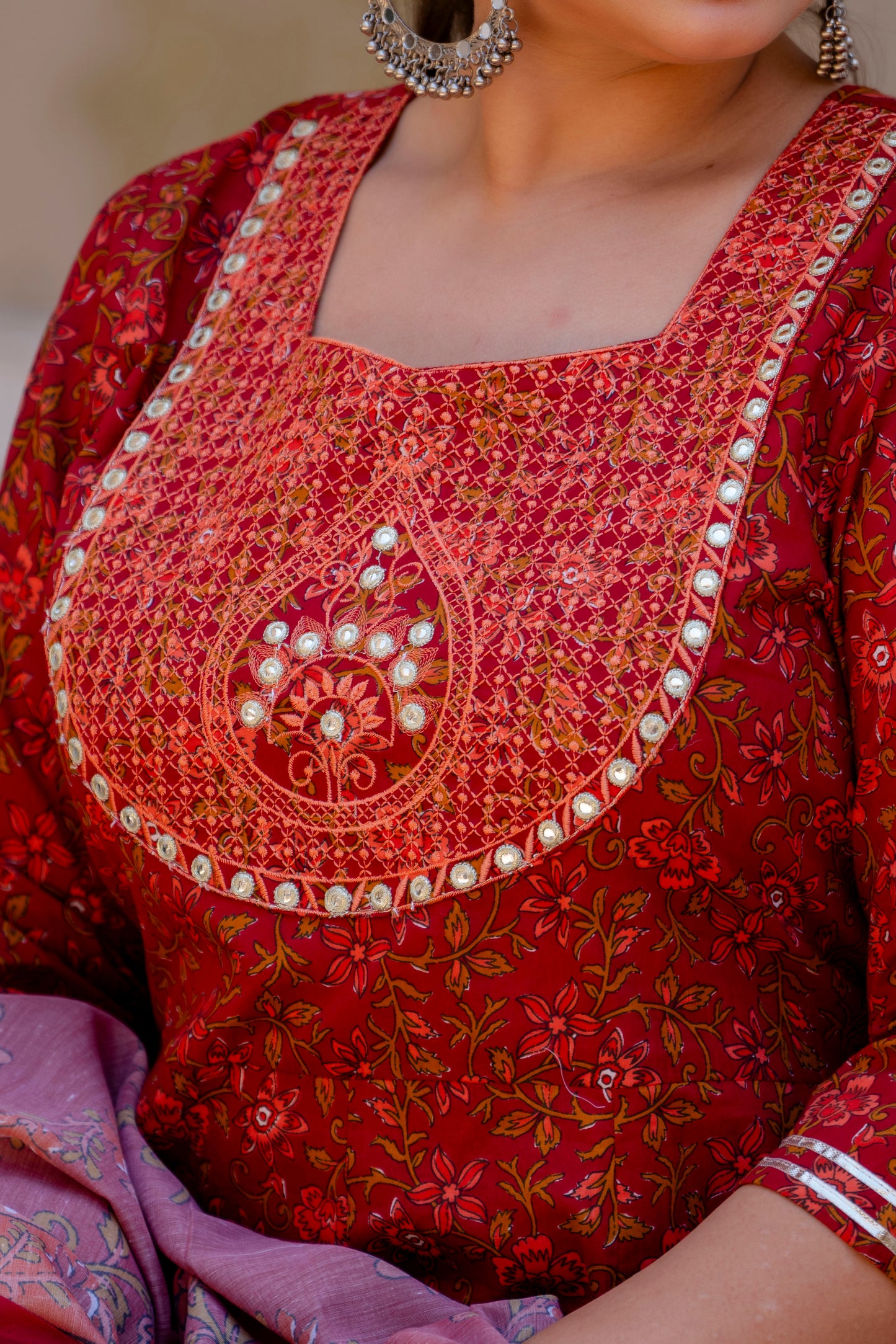 Maroon Embroidered Anarkali Kurta & Dupatta Set (Pure Cotton)