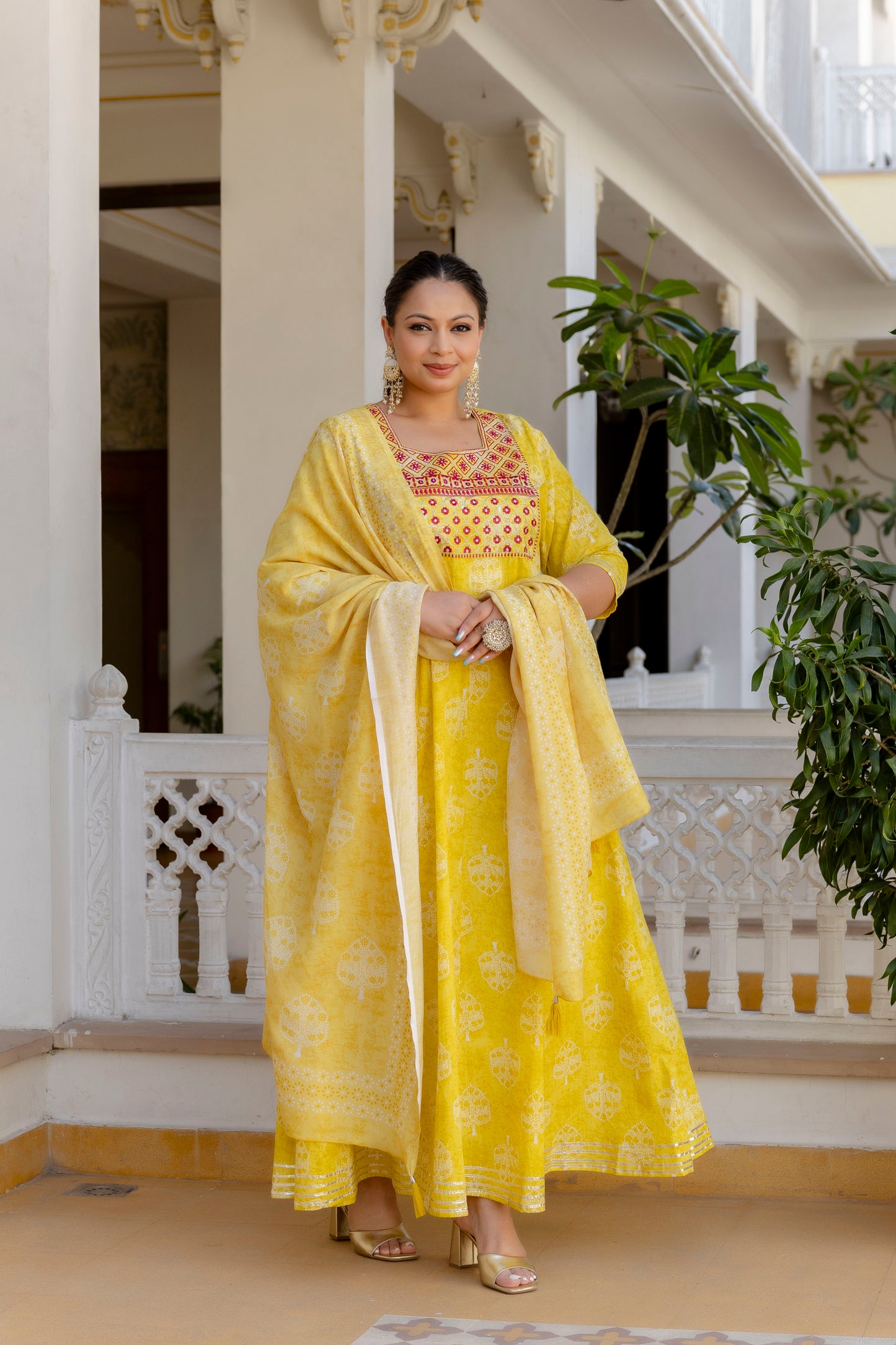 Yellow Embroidered Anarkali Kurta & Dupatta Set (Pure Cotton)