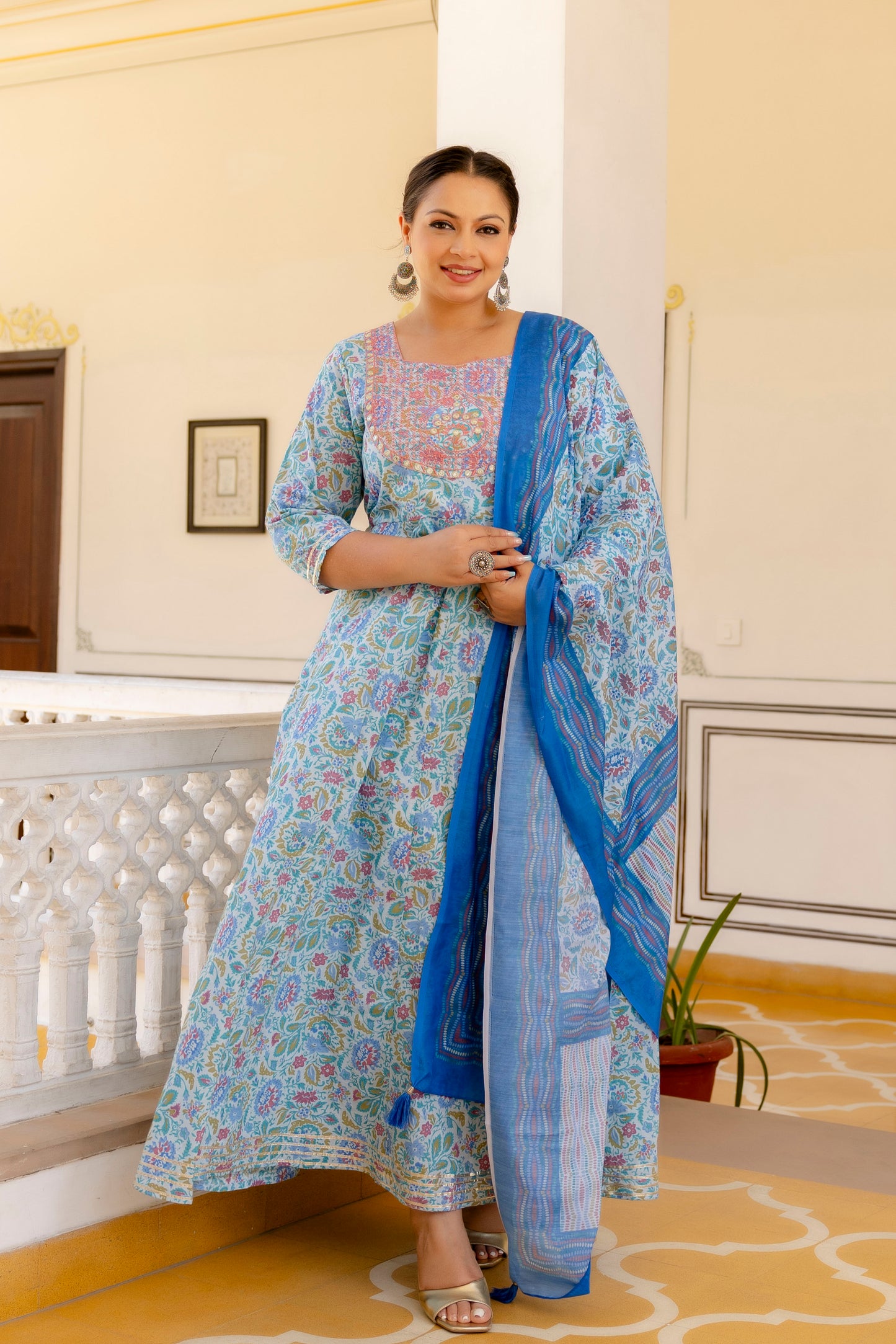Sky Blue Embroidered Anarkali Kurta & Dupatta Set (Pure Cotton)