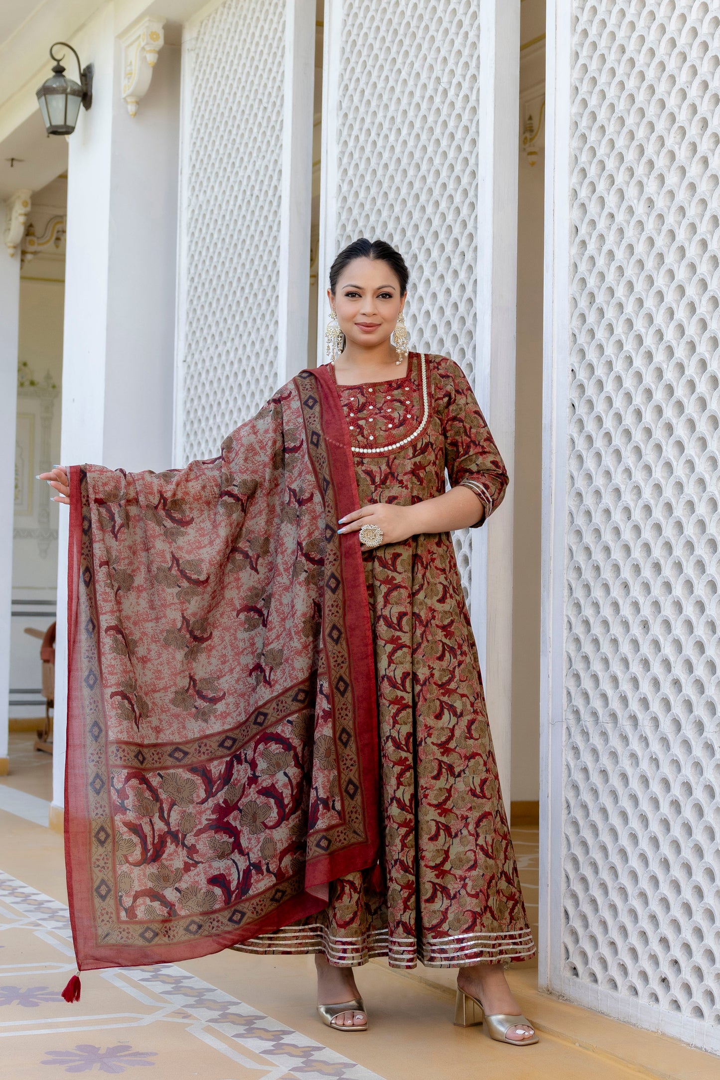 Brown Embroidered Anarkali Kurta & Dupatta Set (Pure Cotton)