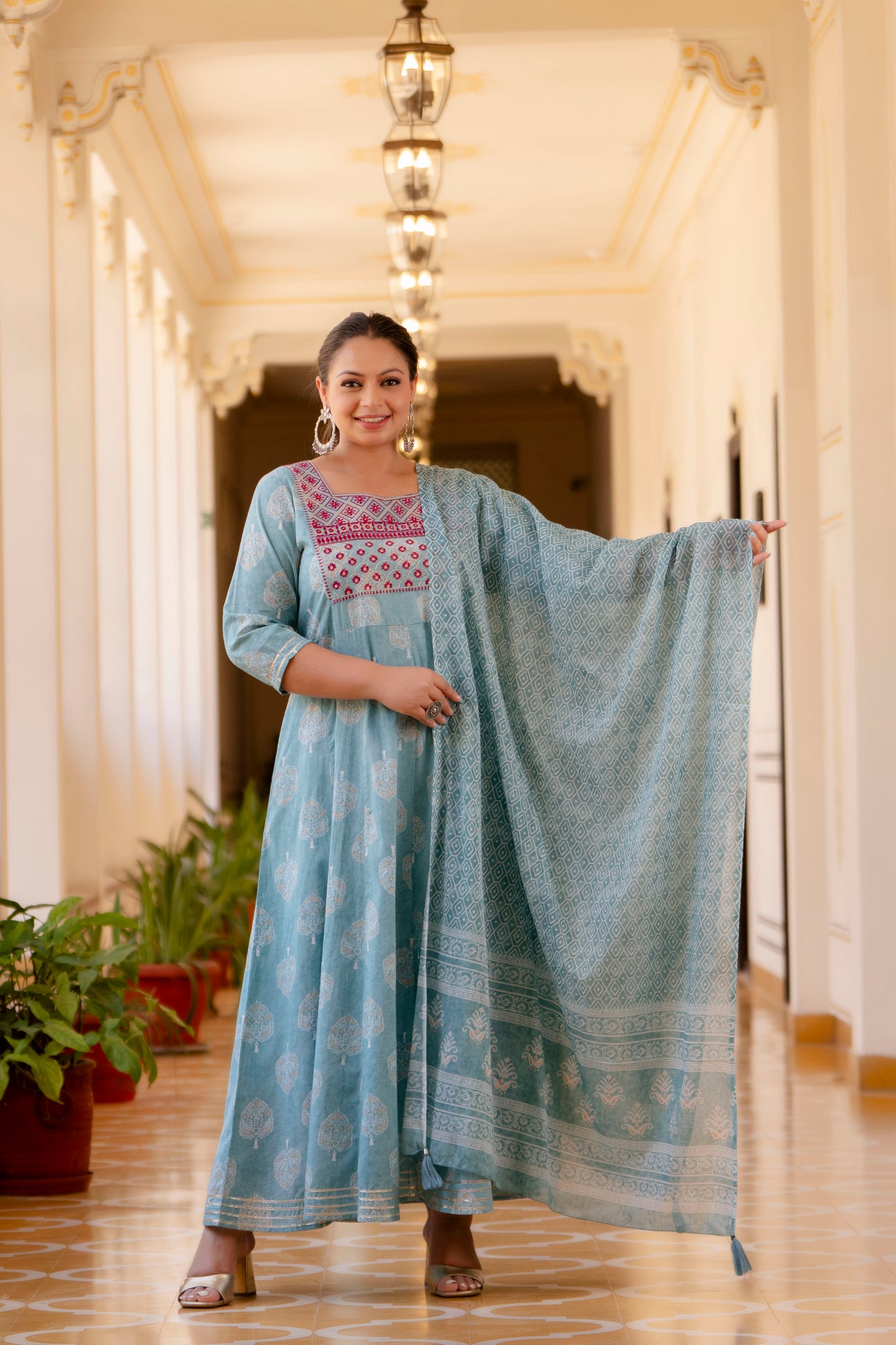 Light Blue Embroidered Anarkali Kurta & Dupatta Set (Pure Cotton)