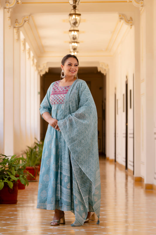 Light Blue Embroidered Anarkali Kurta & Dupatta Set (Pure Cotton)